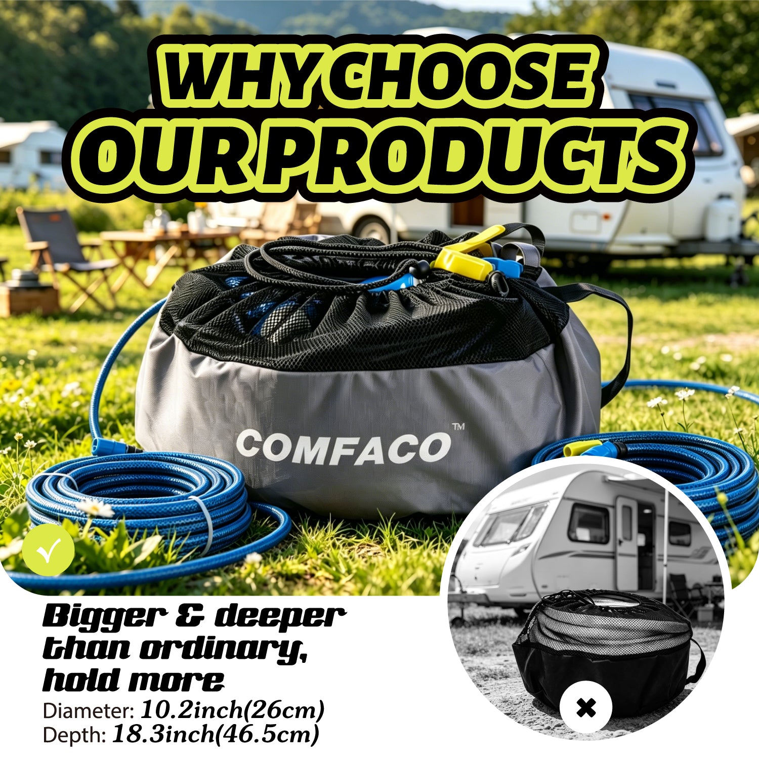 COMFACO RV Equipment Storage Bag, Camper Accessories for Outside, RV Hose Bag Storage, RV Utility Bag, Features Lined Interior with Breathable Mesh Top & Cinch Straps Write-on Label for RV Storage and Organization, 16¡± in Diameter x 10¡± Deep
