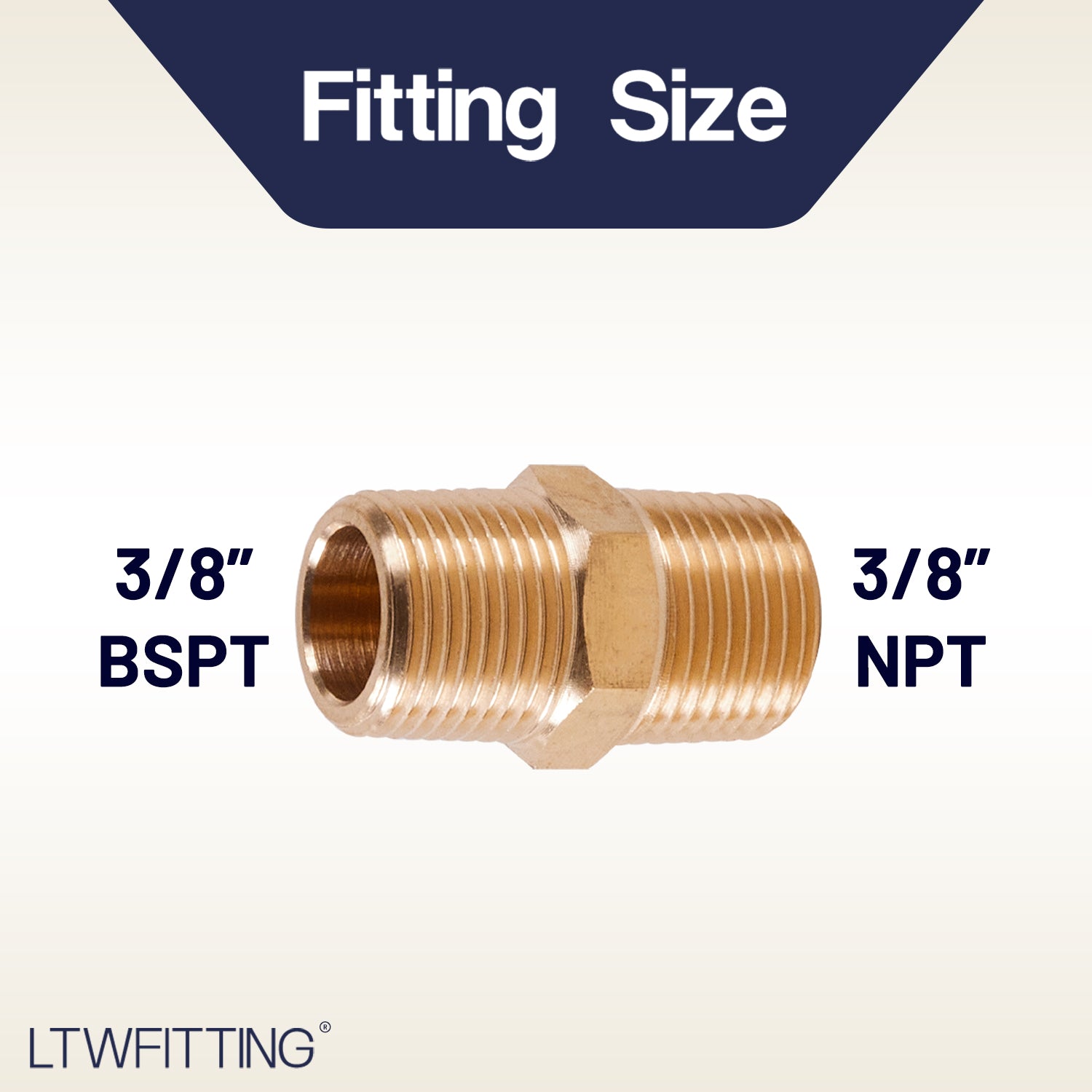 LTWFITTING Brass Pipe Hex Nipple Fitting 3/8 inch NPT x 3/8 inch BSPT Male (Pack of 5)
