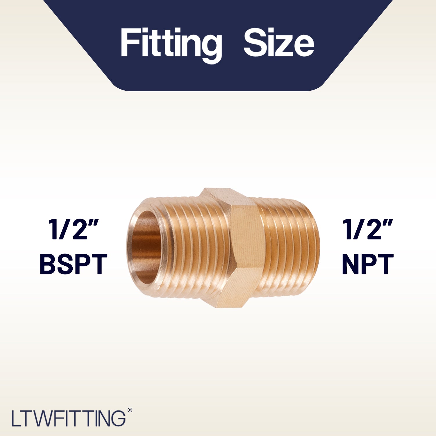 LTWFITTING Brass Pipe Hex Nipple Fitting 1/2 inch NPT x 1/2 inch BSPT Male (Pack of 5)