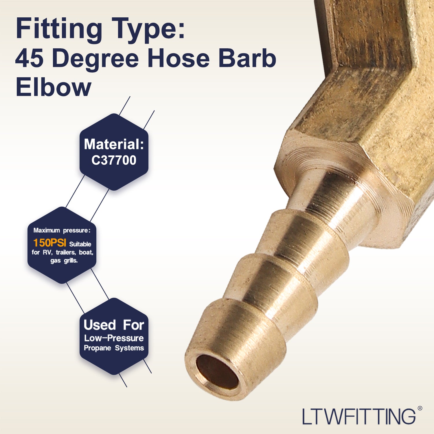LTWFITTING 45 Deg Elbow Brass Barb Fitting 3/16 x 3/16 Inch Hose ID (Pack of 25)