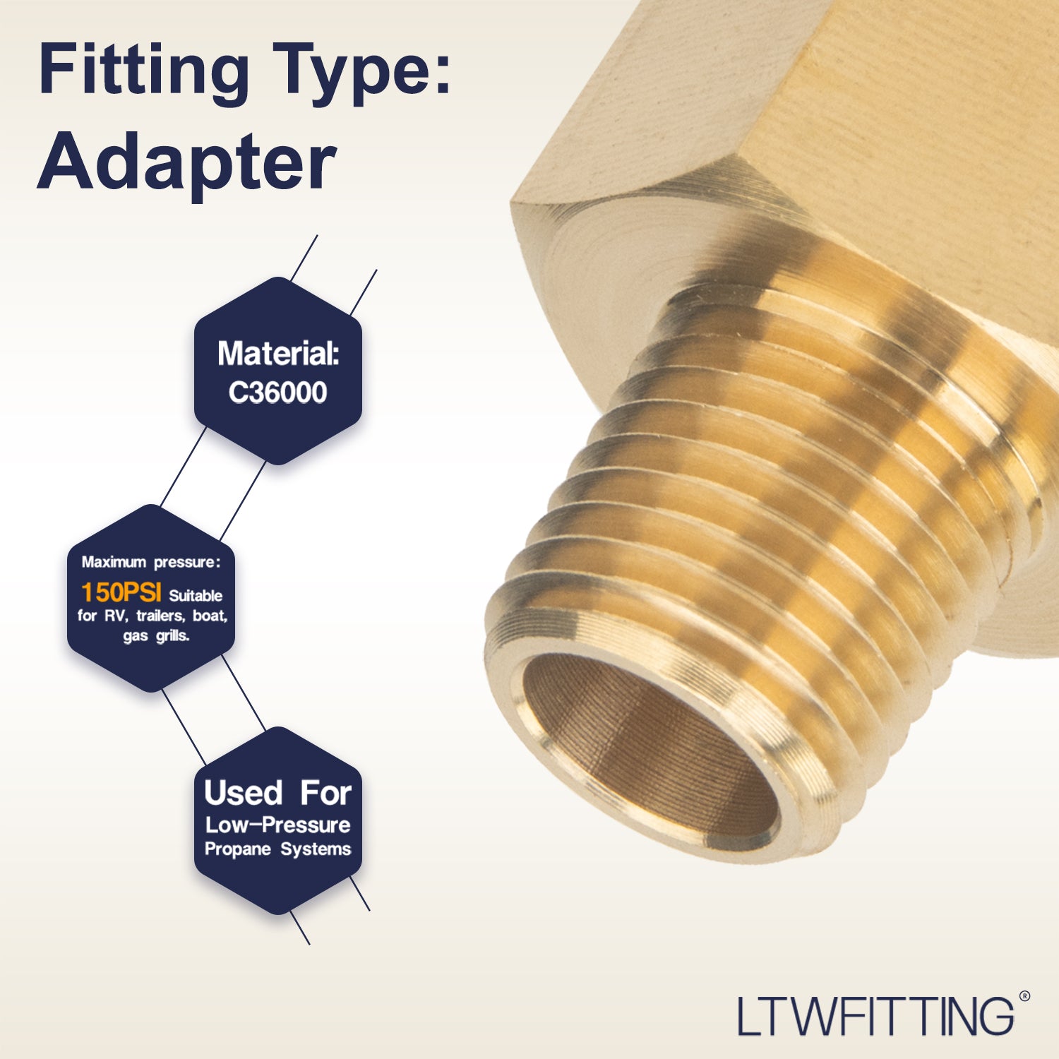 LTWFITTING Brass Pipe 1/2 Female x 1/4 Male BSP Adapter Fuel Gas Air (Pack of 5)