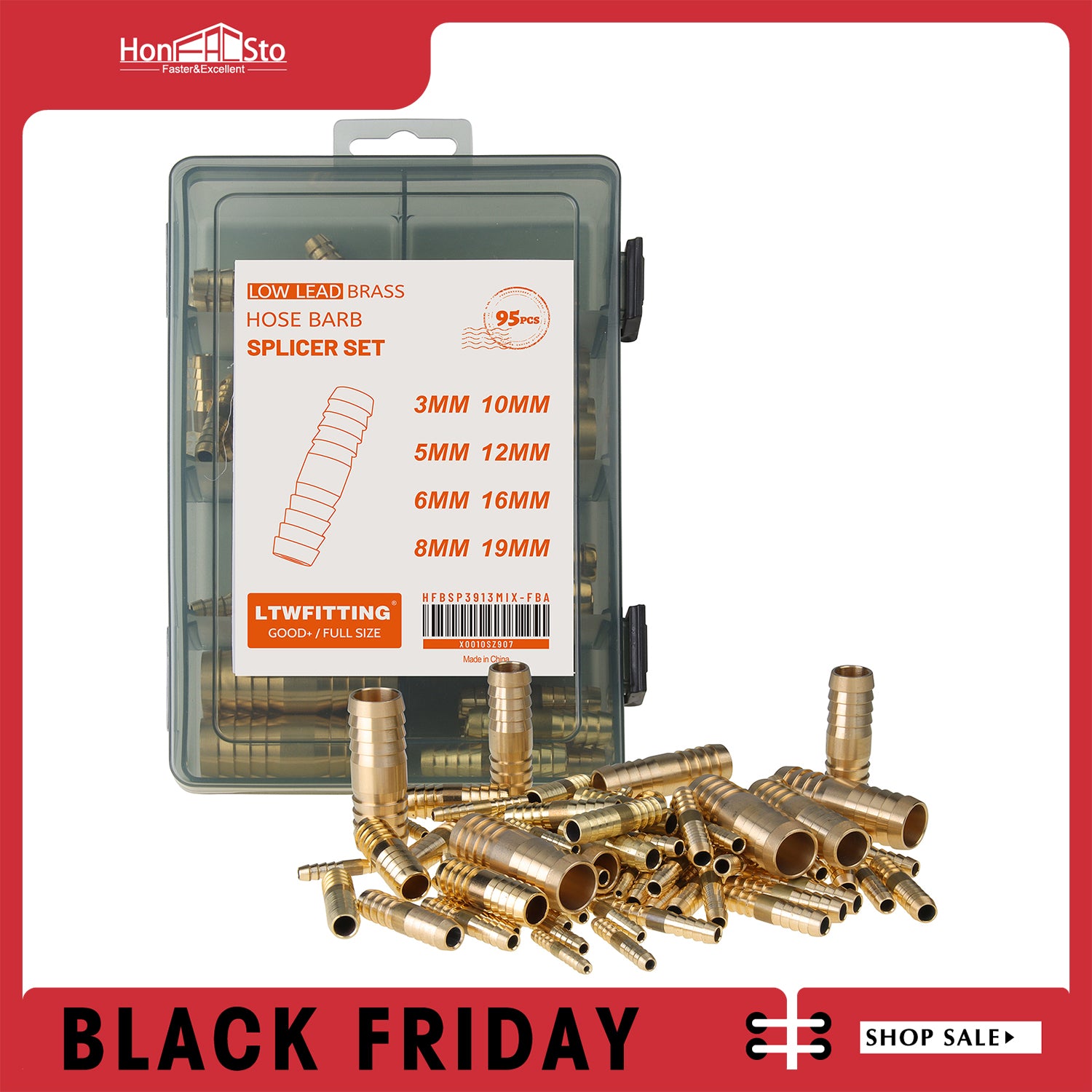 LTWFITTING Assortment Kit Hose ID 3mm 5mm 6mm 8mm 10mm 12mm 16mm 19mm Brass Hose Barb Splicer Set (Pack of 95)