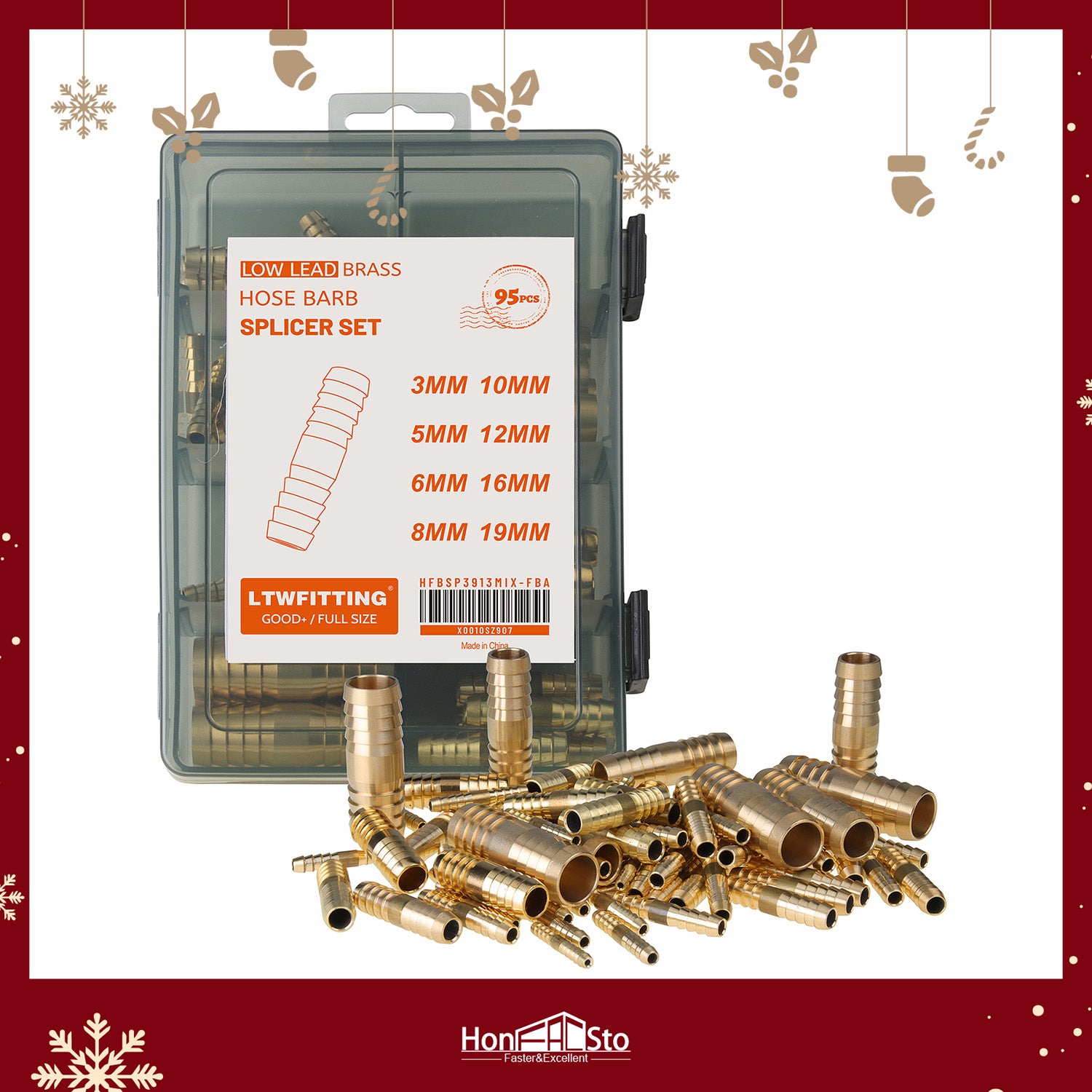 LTWFITTING Assortment Kit Hose ID 3mm 5mm 6mm 8mm 10mm 12mm 16mm 19mm Brass Hose Barb Splicer Set (Pack of 95)