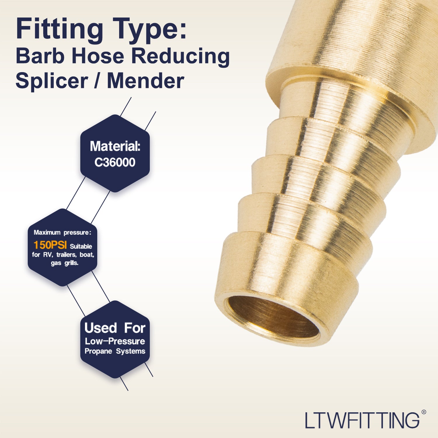 LTWFITTING Brass Barb Hose Reducing Splicer Mender 10mm ID Hose x 12mm ID Hose Fitting Air Water Fuel Boat (Pack of 5)