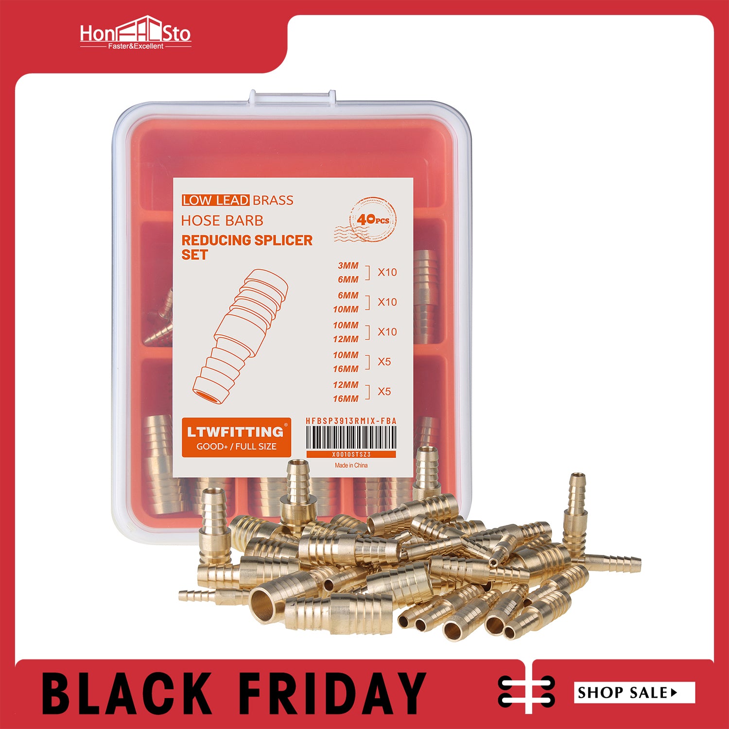 LTWFITTING Assortment Kit Hose ID (3mm to 12mm) x (6mm to 16mm) Brass Hose Barb Reducing Splicer Set (Pack of 40)