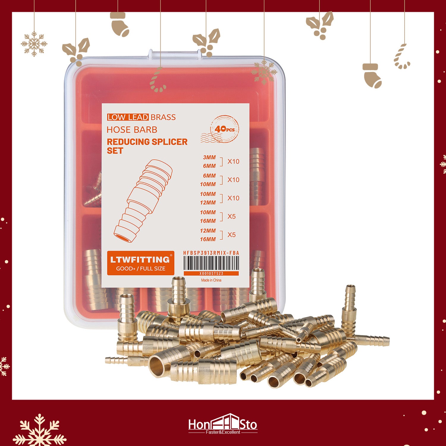 LTWFITTING Assortment Kit Hose ID (3mm to 12mm) x (6mm to 16mm) Brass Hose Barb Reducing Splicer Set (Pack of 40)