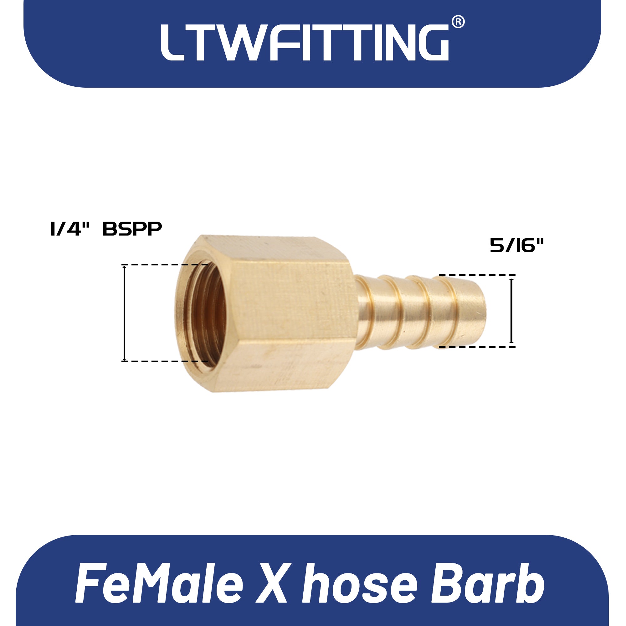 LTWFITTING Brass BSP Fitting Coupler/Adapter 1/4-Inch Female BSPP x 5/16-Inch(8mm) Hose Barb Fuel Gas Water (Pack of 5)