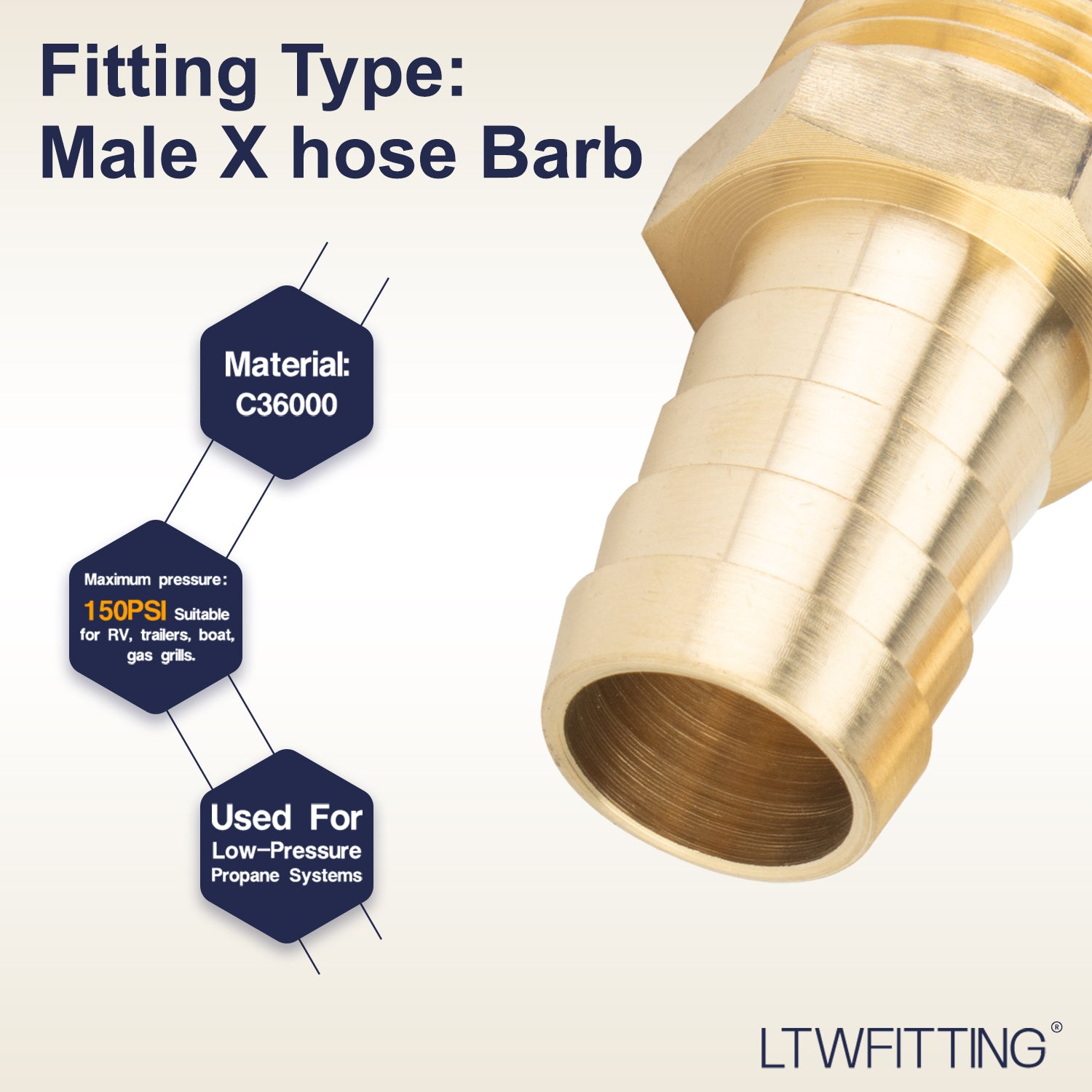 LTWFITTING Brass BSP Barbed Fitting Coupler / Connector 1/2-Inch Male BSPP x 5/8-Inch(16mm)Hose Barb Fuel Gas Water (Pack of 300)