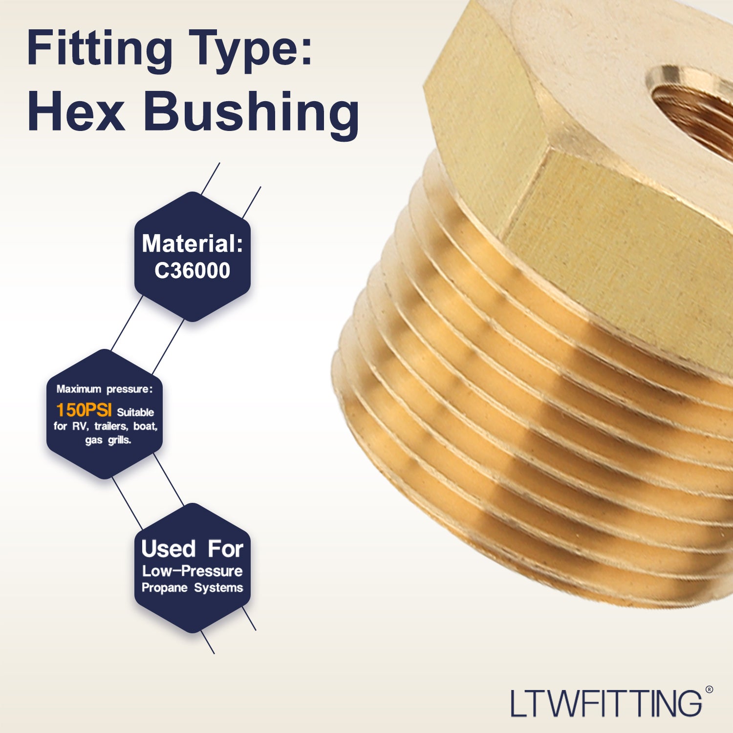 LTWFITTING Brass Pipe Hex Bushing Reducer Fittings 3/4-Inch Male BSPT x 1/8-Inch Female BSPP (Pack of 5)