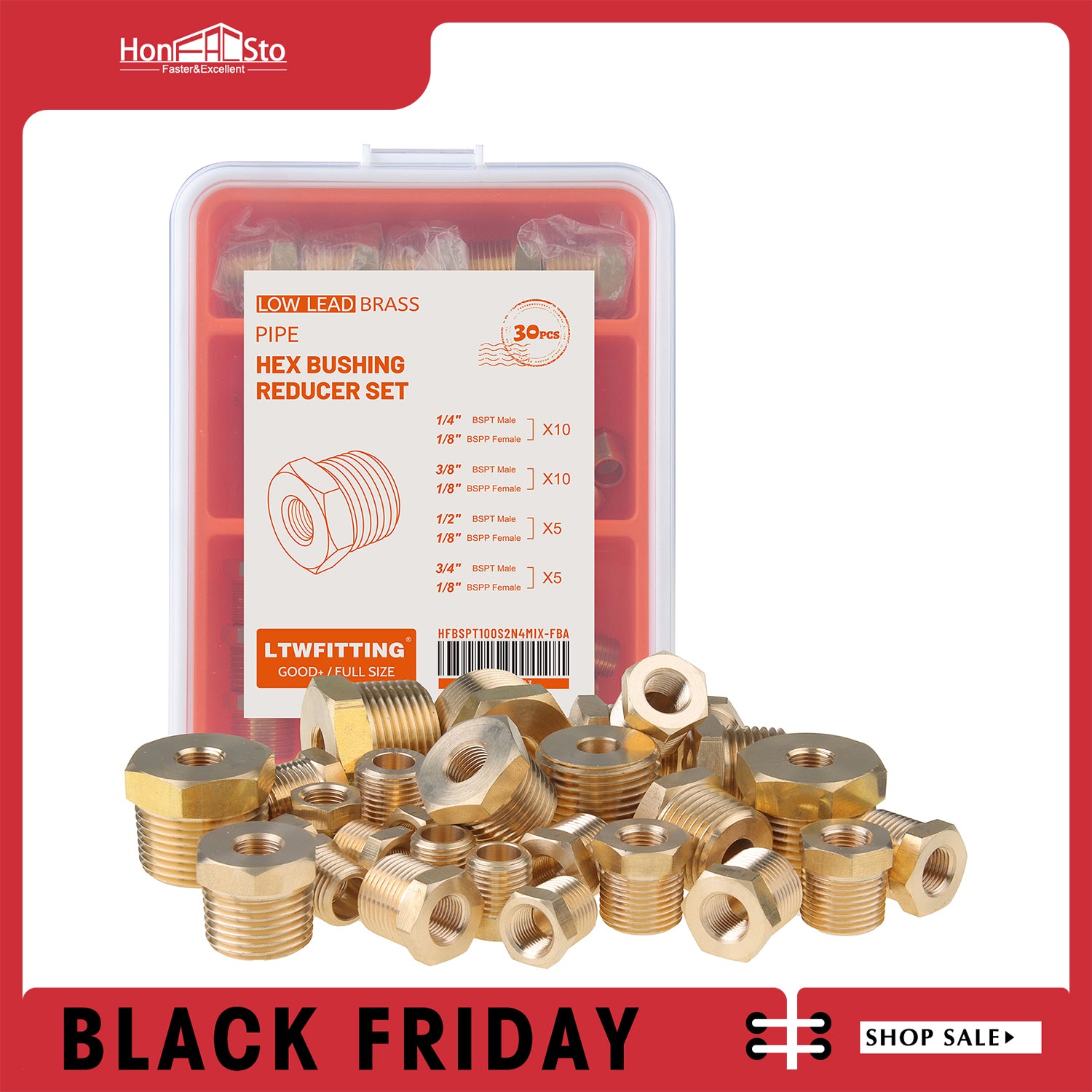 LTWFITTING Assortment Kit 1/4-Inch 3/8-Inch 1/2-Inch 3/4-Inch Male BSPT x 1/8-Inch Female BSPP Brass Pipe Hex Bushing Reducer Set (Pack of 30)