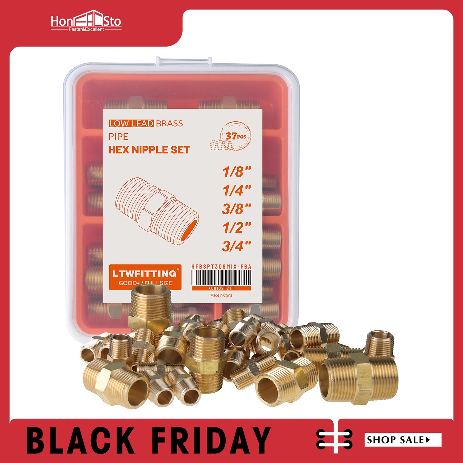 LTWFITTING Assortment Kit 1/8-Inch 1/4-Inch 3/8-Inch 1/2-Inch 3/4-Inch Male BSPT Brass Pipe Hex Nipple Set (Pack of 37)