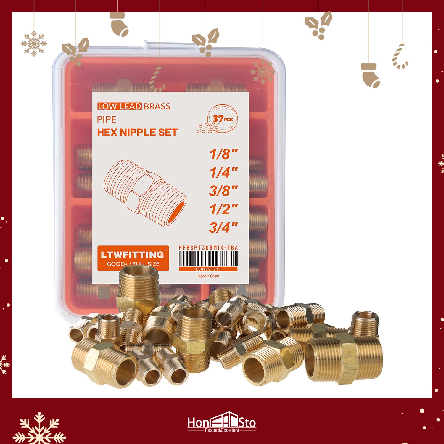 LTWFITTING Assortment Kit 1/8-Inch 1/4-Inch 3/8-Inch 1/2-Inch 3/4-Inch Male BSPT Brass Pipe Hex Nipple Set (Pack of 37)