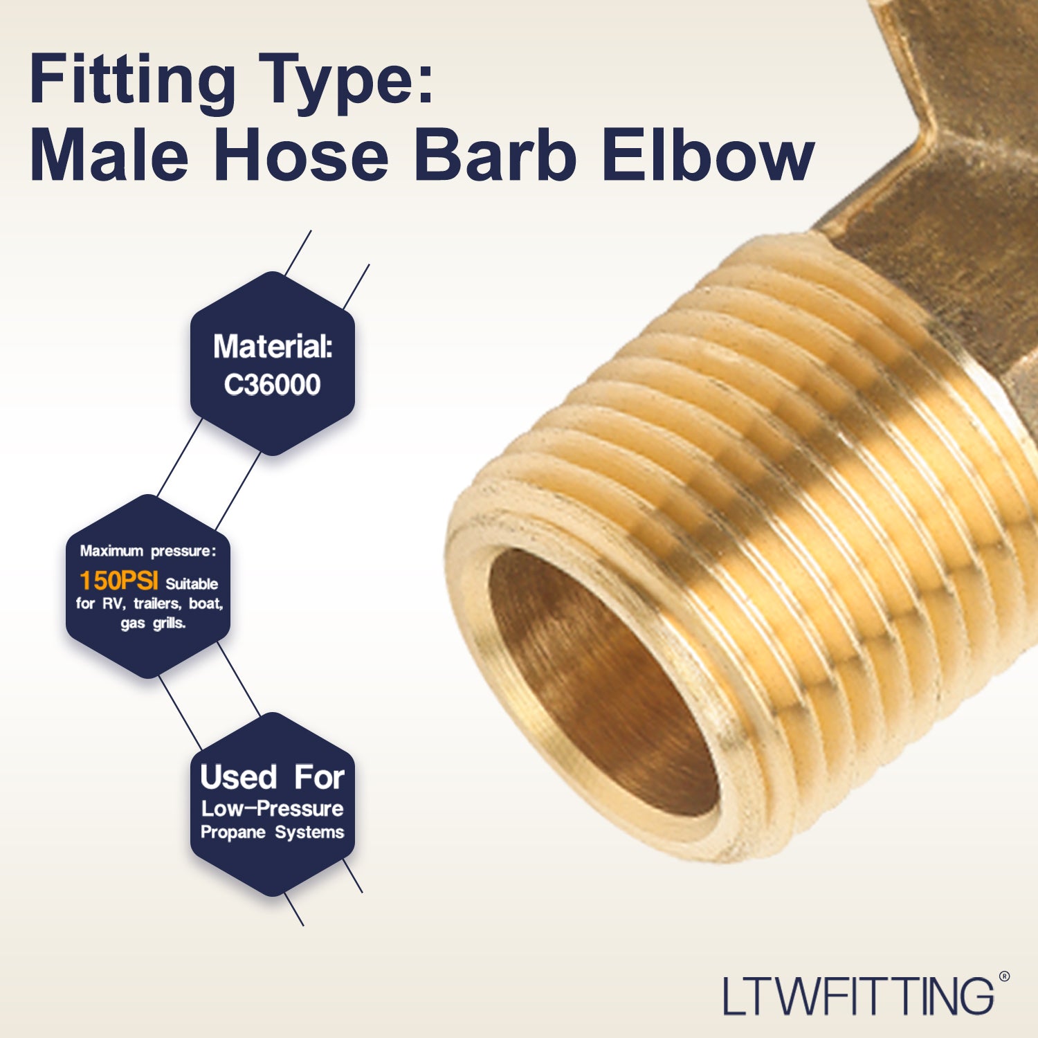 LTWFITTING 90 Deg Elbow Brass Barb Fitting 3/8-Inch Male BSPT x 5/8-Inch(16mm) ID Hose Fuel Boat Water (Pack of 5)