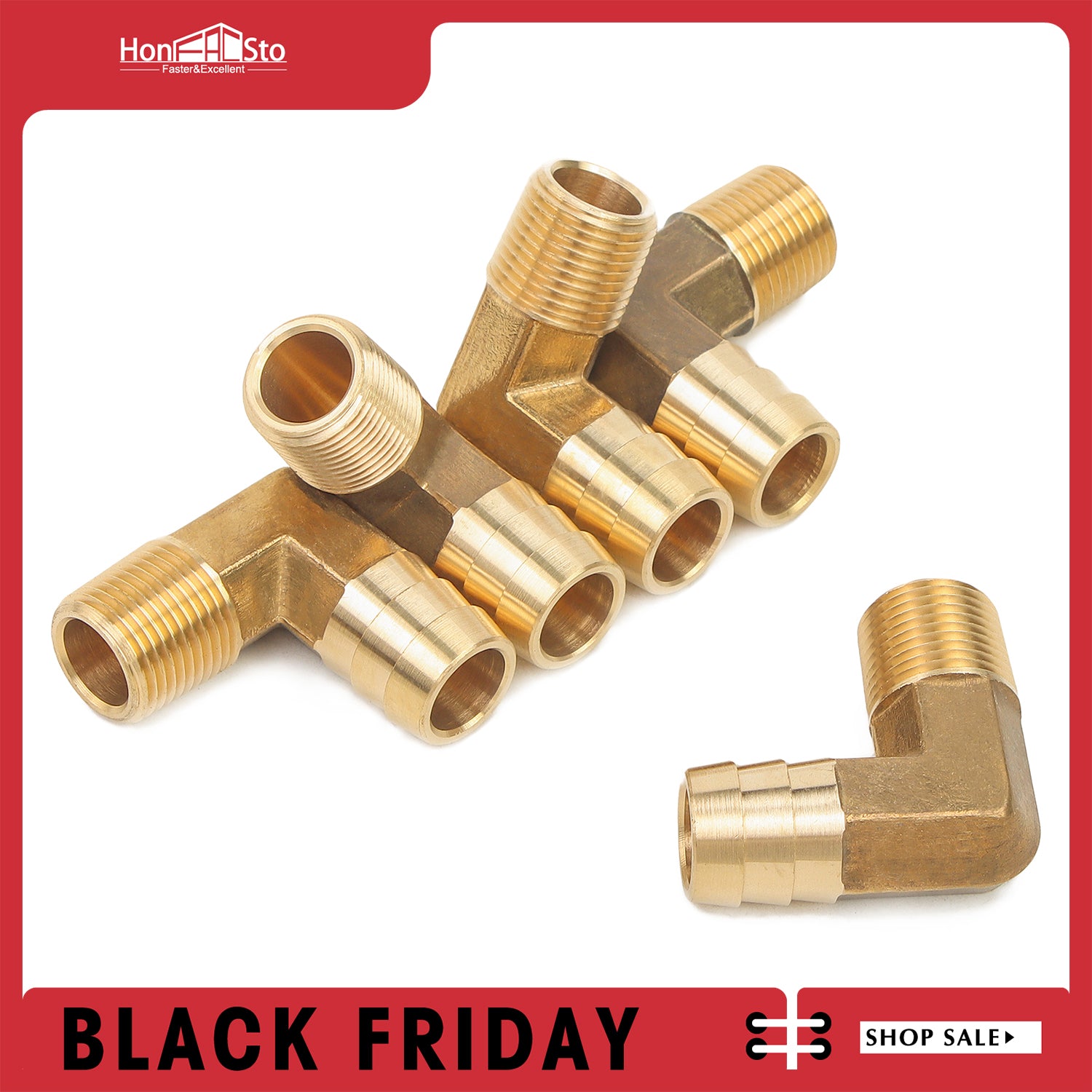 LTWFITTING 90 Deg Elbow Brass Barb Fitting 3/8-Inch Male BSPT x 5/8-Inch(16mm) ID Hose Fuel Boat Water (Pack of 5)