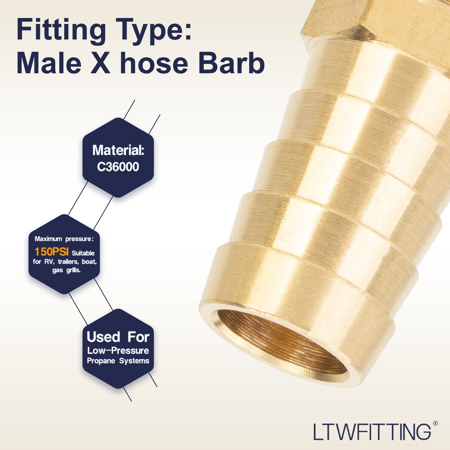 LTWFITTING Brass Barbed Fitting Coupler/Connector 1/4-Inch Male BSPT x 5/8-Inch(16mm) Hose Barb Fuel Gas Water (Pack of 5)