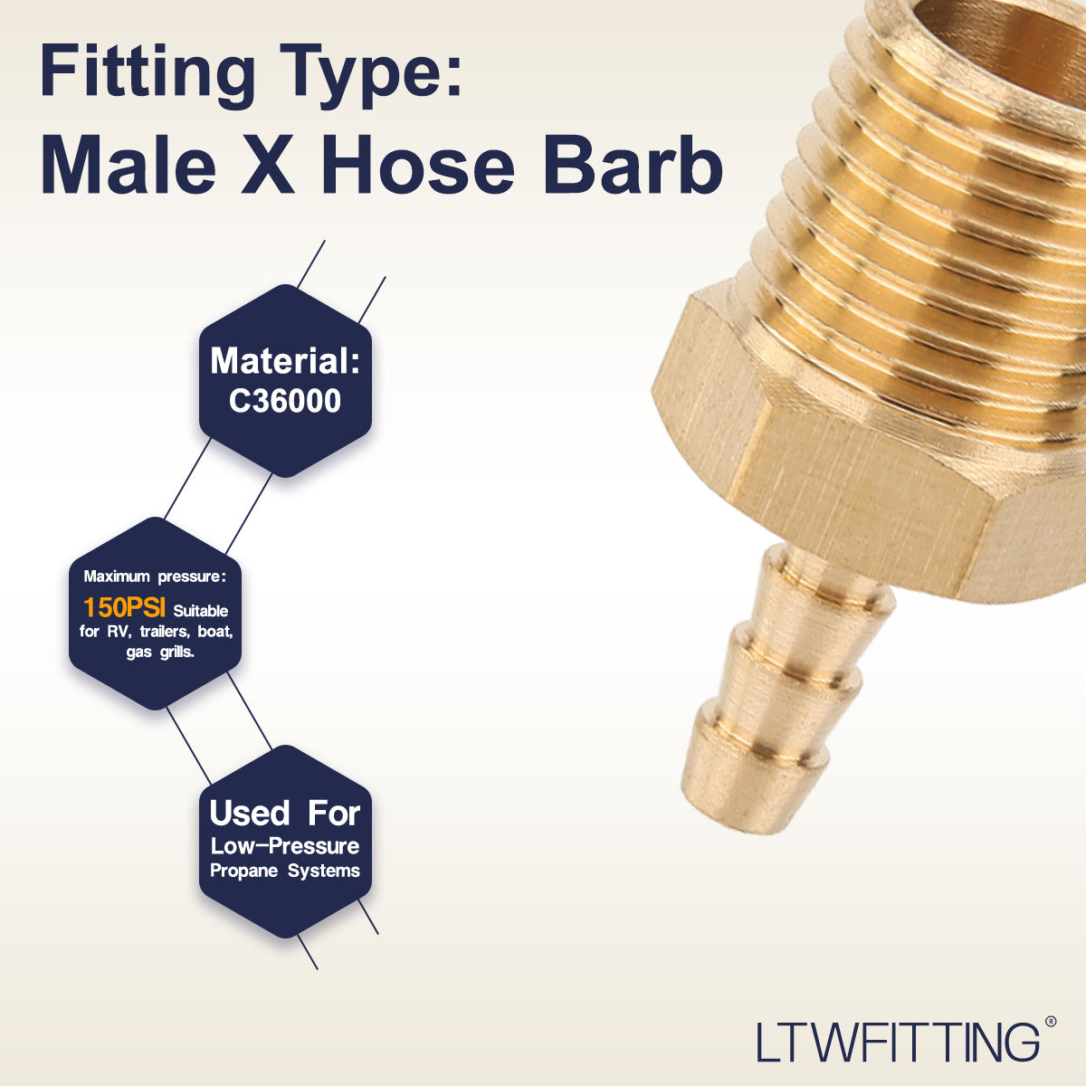 LTWFITTING Brass Barbed Fitting Coupler/Connector 1/4-Inch Male BSPT x 1/8-Inch(3mm) Hose Barb Fuel Gas Water (Pack of 5)