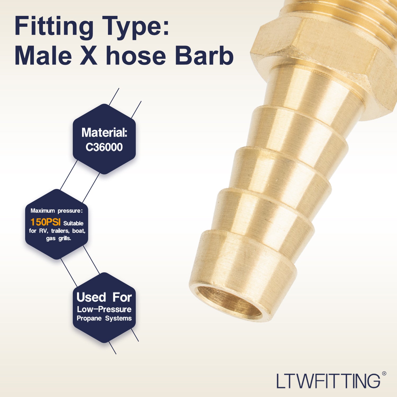 LTWFITTING Brass Barbed Fitting Coupler/Connector 1/4-Inch Male BSPT x 3/8-Inch(10mm) Hose Barb Fuel Gas Water (Pack of 5)