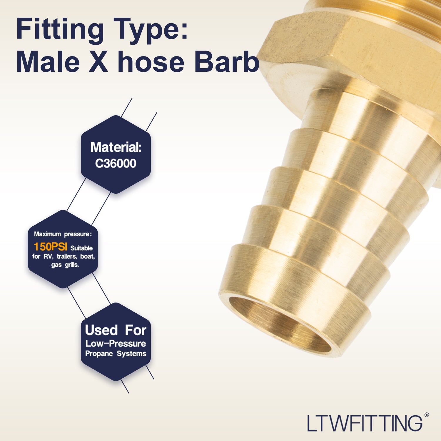 LTWFITTING Brass Barbed Fitting Coupler/Connector 3/4-Inch Male BSPT x 5/8-Inch(16mm) Hose Barb Fuel Gas Water (Pack of 5)