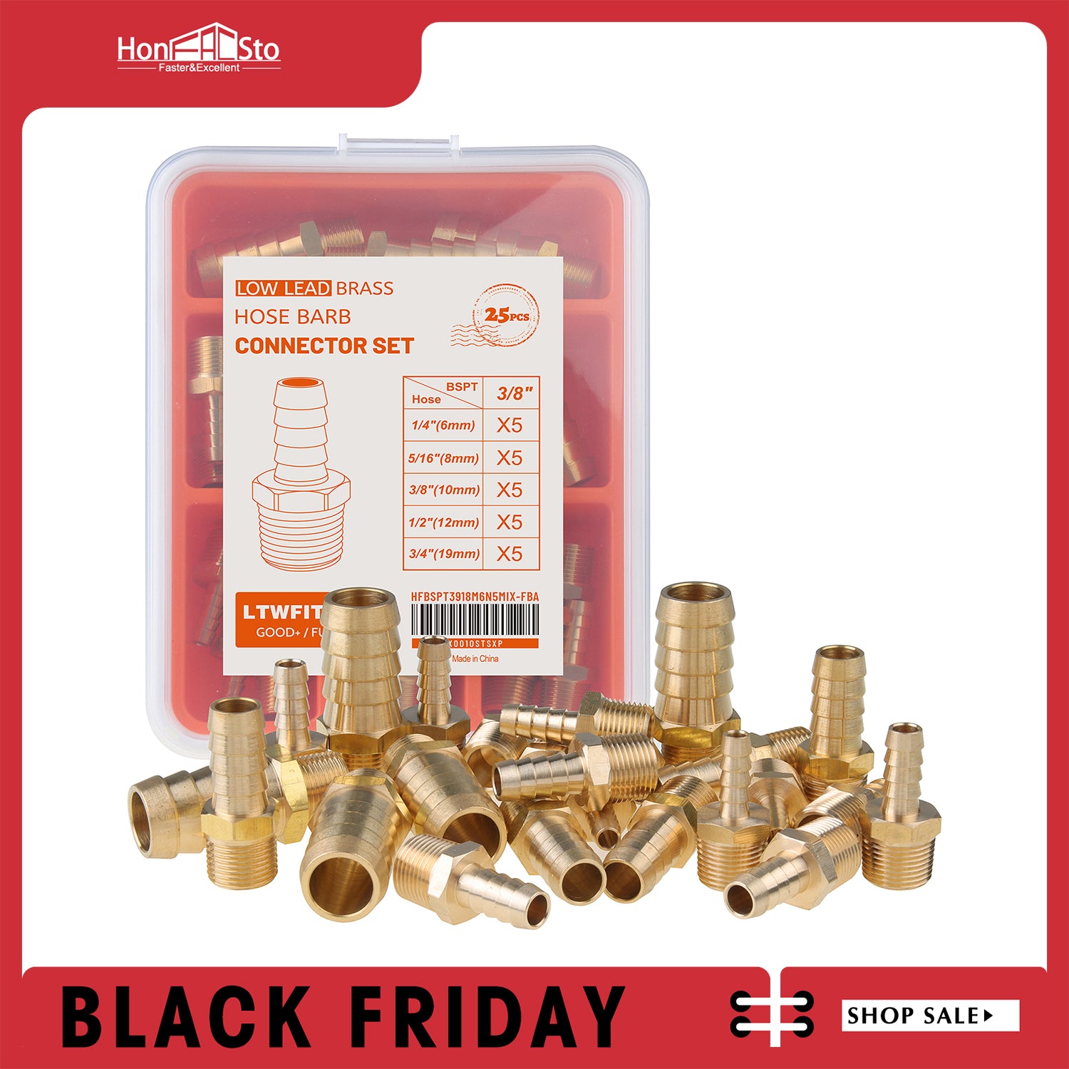 LTWFITTING Assortment Kit Tube OD (1/4-Inch 5/16-Inch 3/8-Inch 1/2-Inch 3/4-Inch) x 3/8-Inch Male BSPT Brass Hose Barb Connector Set (Pack of 25)