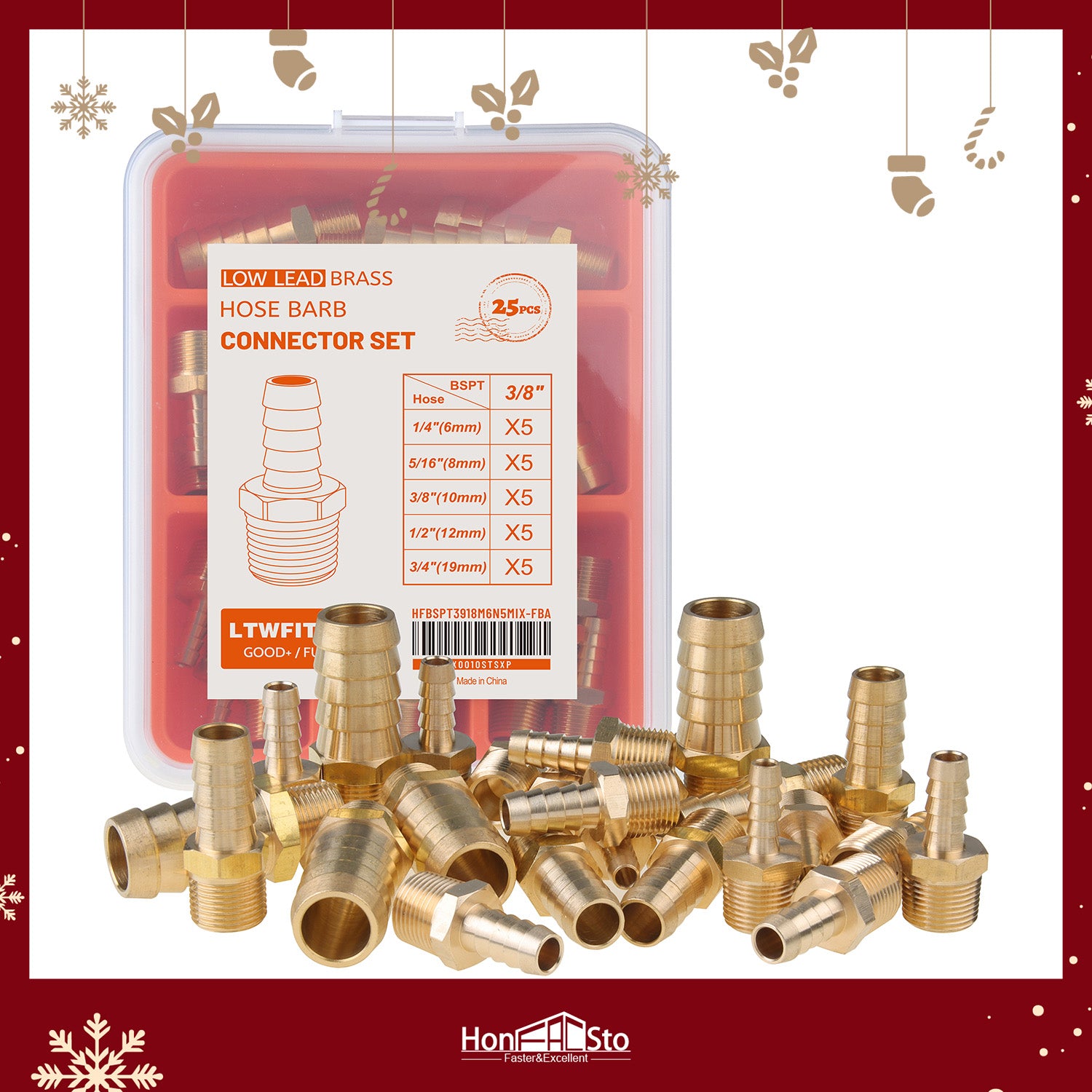 LTWFITTING Assortment Kit Tube OD (1/4-Inch 5/16-Inch 3/8-Inch 1/2-Inch 3/4-Inch) x 3/8-Inch Male BSPT Brass Hose Barb Connector Set (Pack of 25)