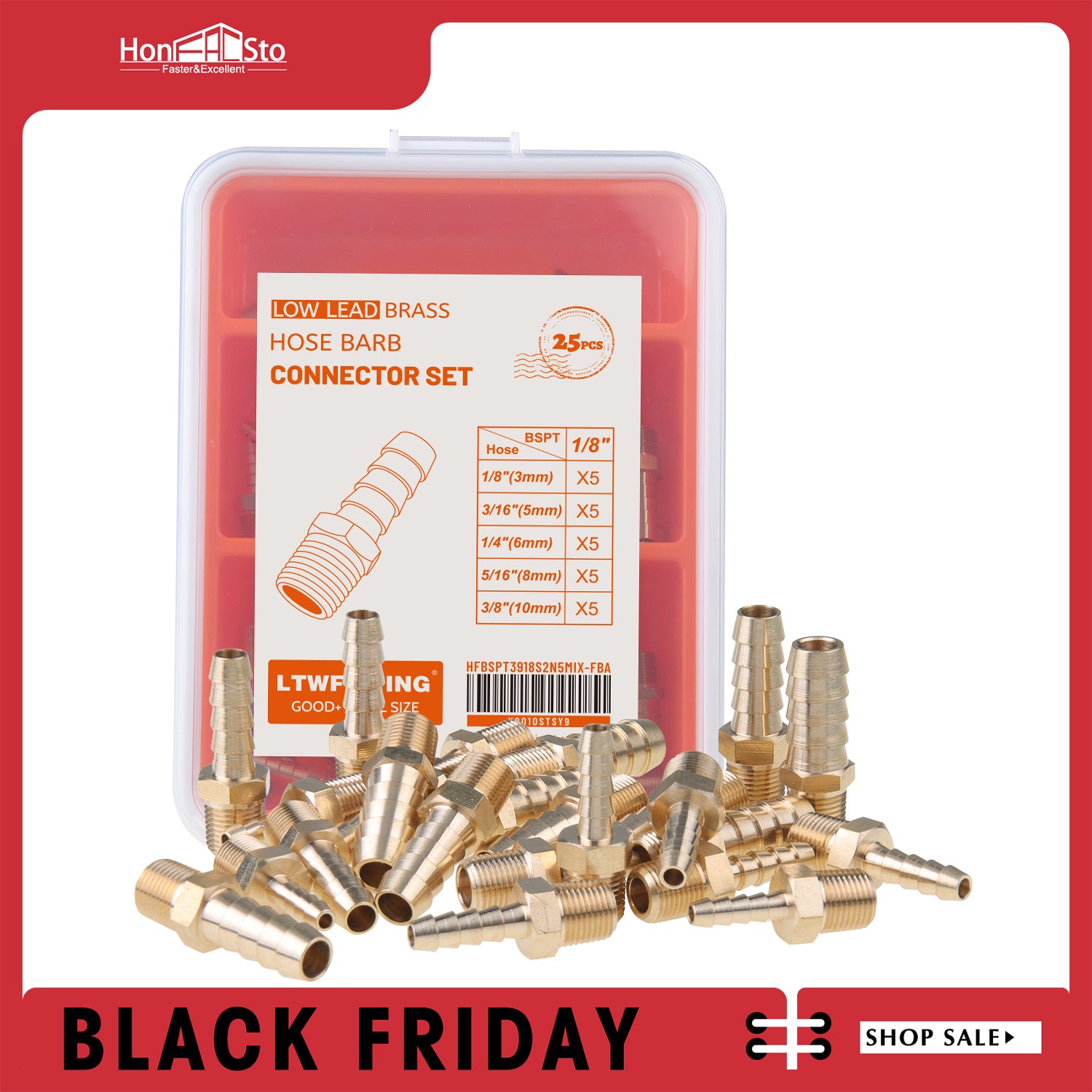 LTWFITTING Assortment Kit Tube OD (1/8-Inch 3/16-Inch 1/4-Inch 5/16-Inch 3/8-Inch) x 1/8-Inch Male BSPT Brass Hose Barb Connector Set (Pack of 25)