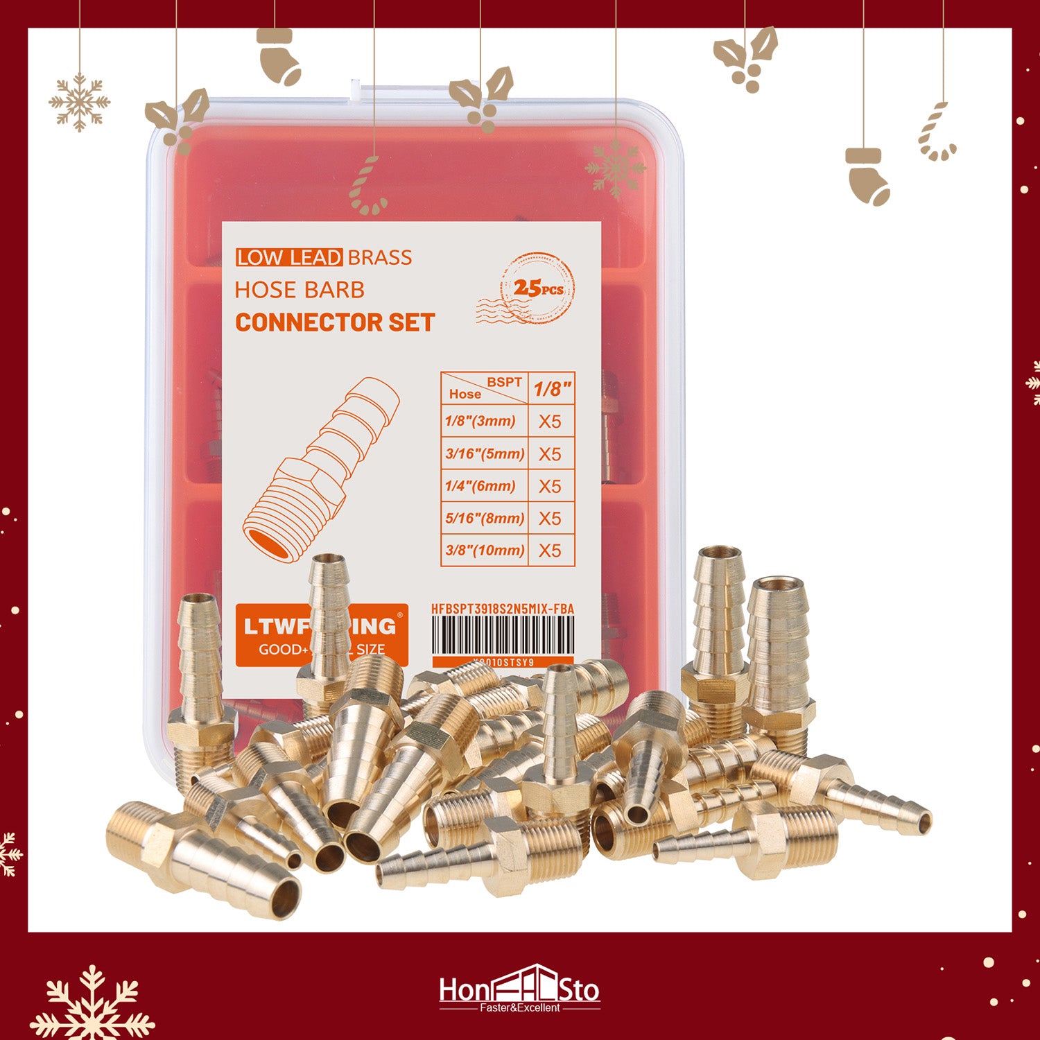 LTWFITTING Assortment Kit Tube OD (1/8-Inch 3/16-Inch 1/4-Inch 5/16-Inch 3/8-Inch) x 1/8-Inch Male BSPT Brass Hose Barb Connector Set (Pack of 25)