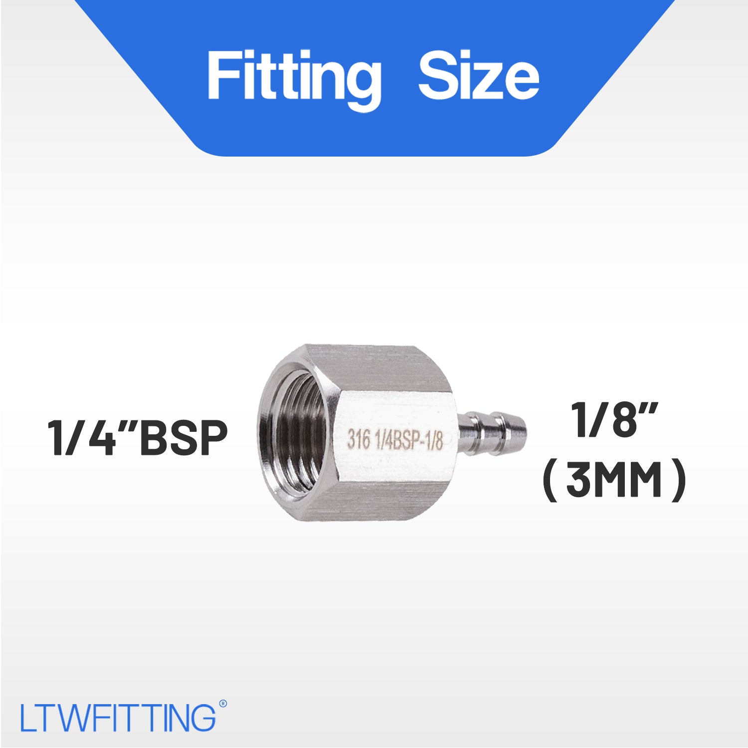 LTWFITTING Stainless Steel 316 BSP Fitting Coupler/Adapter 1/4-Inch Female BSPP x 1/8-Inch(3mm) Hose Barb Fuel Gas (Pack of 200)