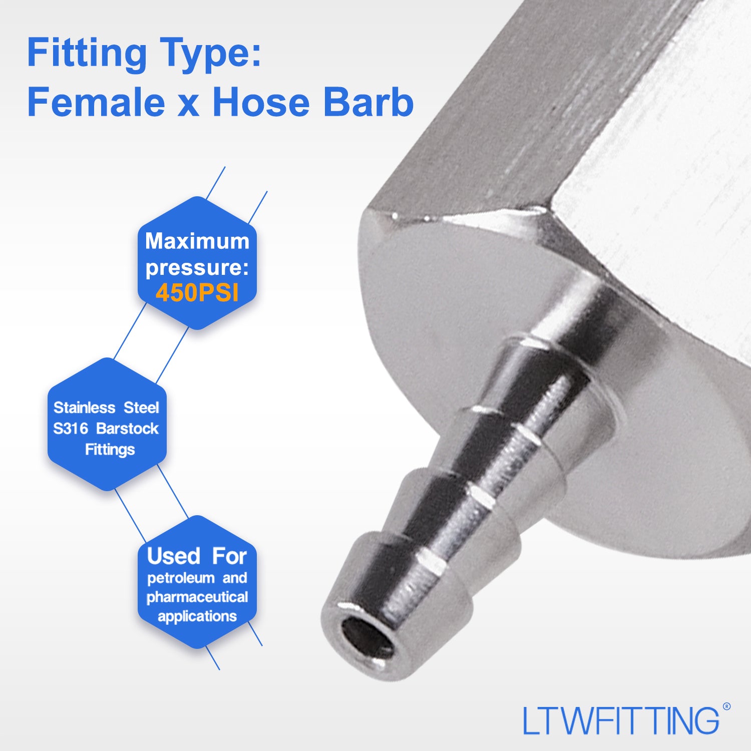 LTWFITTING Stainless Steel 316 BSP Fitting Coupler/Adapter 1/4-Inch Female BSPP x 1/8-Inch(3mm) Hose Barb Fuel Gas (Pack of 200)