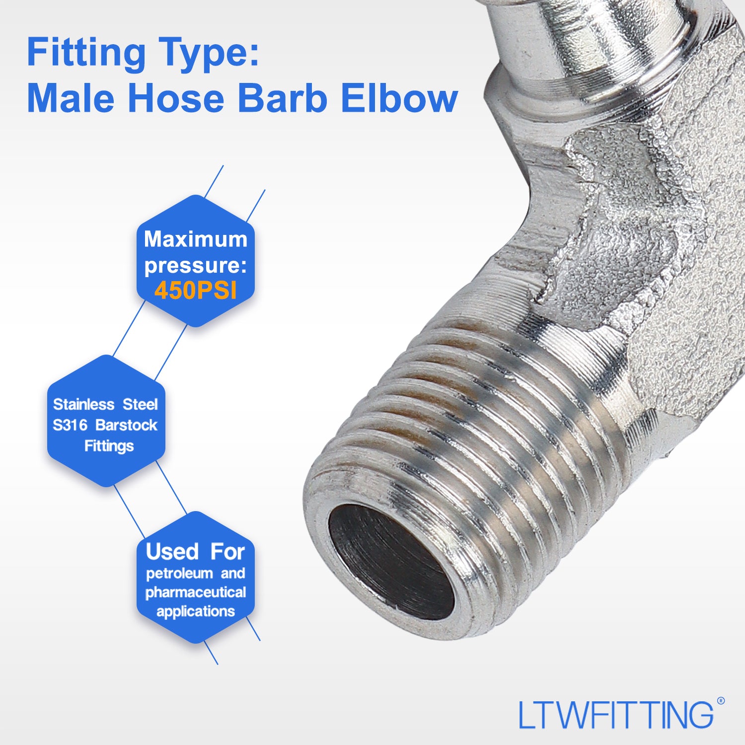 LTWFITTING Stainless Steel 316 90 Degree Elbow Barb Fitting 1/4-Inch(6mm) Hose ID x 1/8-Inch Male BSPT (Pack of 2)