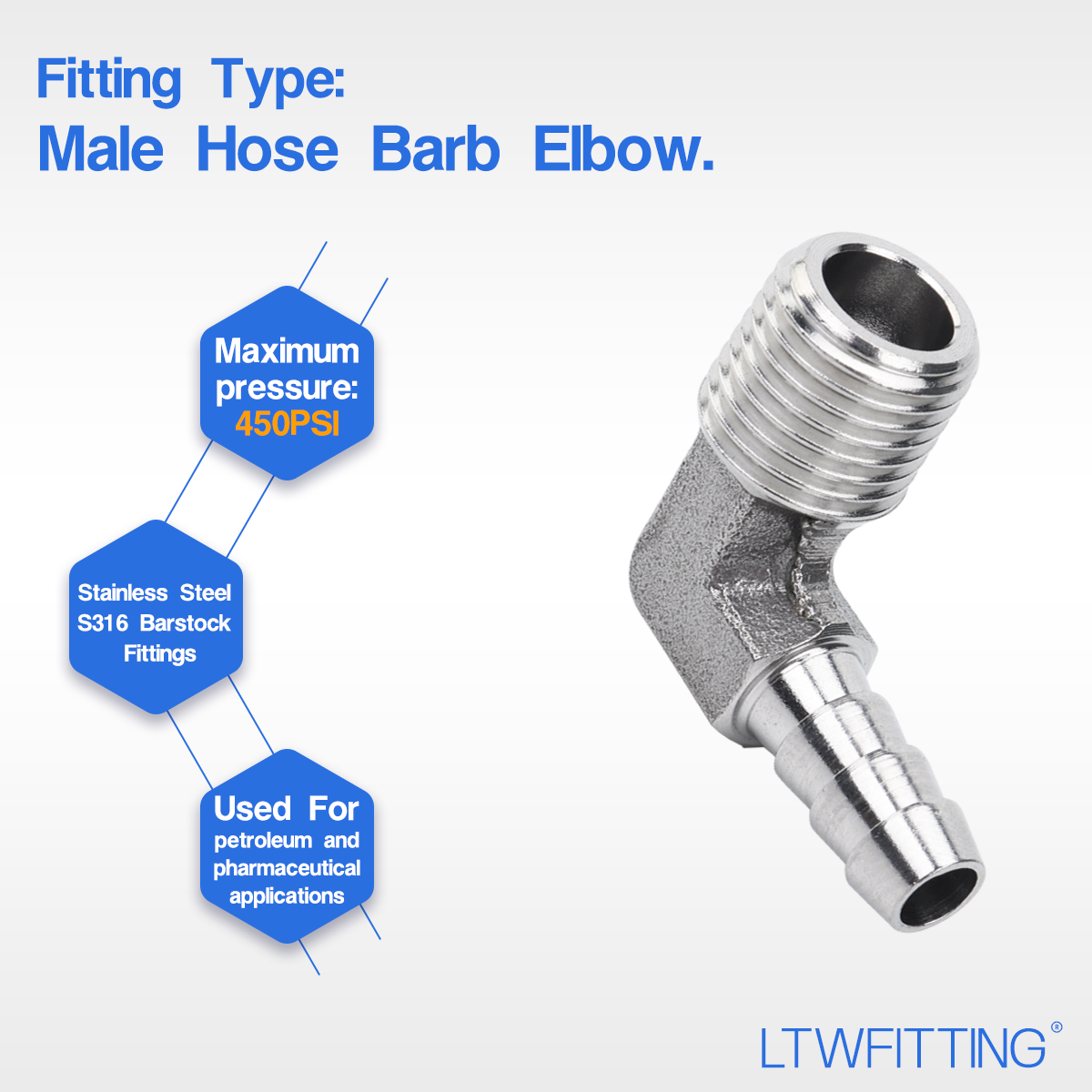LTWFITTING 90 Degree Elbow Stainless Steel 316 Barb Fitting 6MM ID Hose x 1/4-Inch Male BSPT Air(Pack of 25)