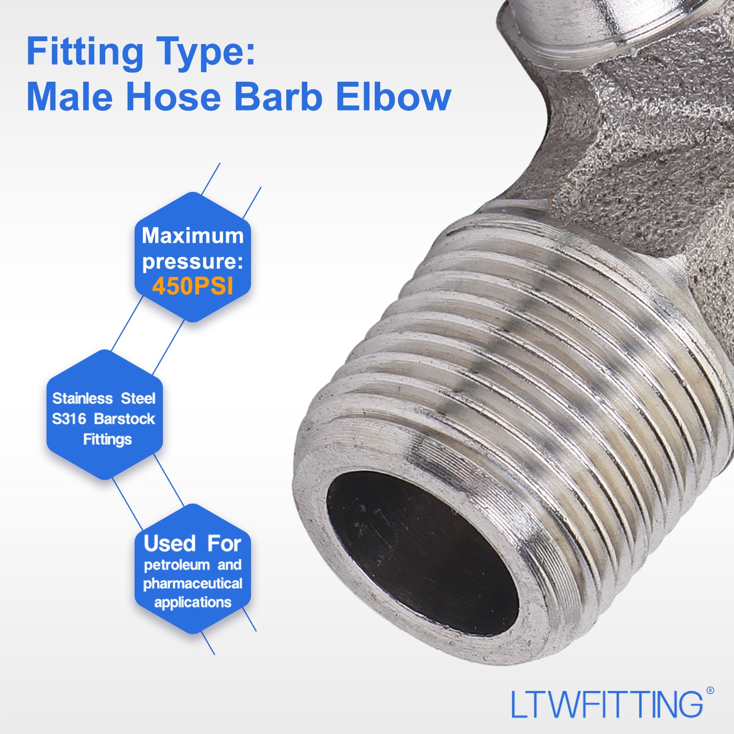 LTWFITTING 90 Deg Elbow 12MM ID Hose x 3/8-Inch Male BSPT Stainless Steel 316 Barb Fitting (Pack of 25)
