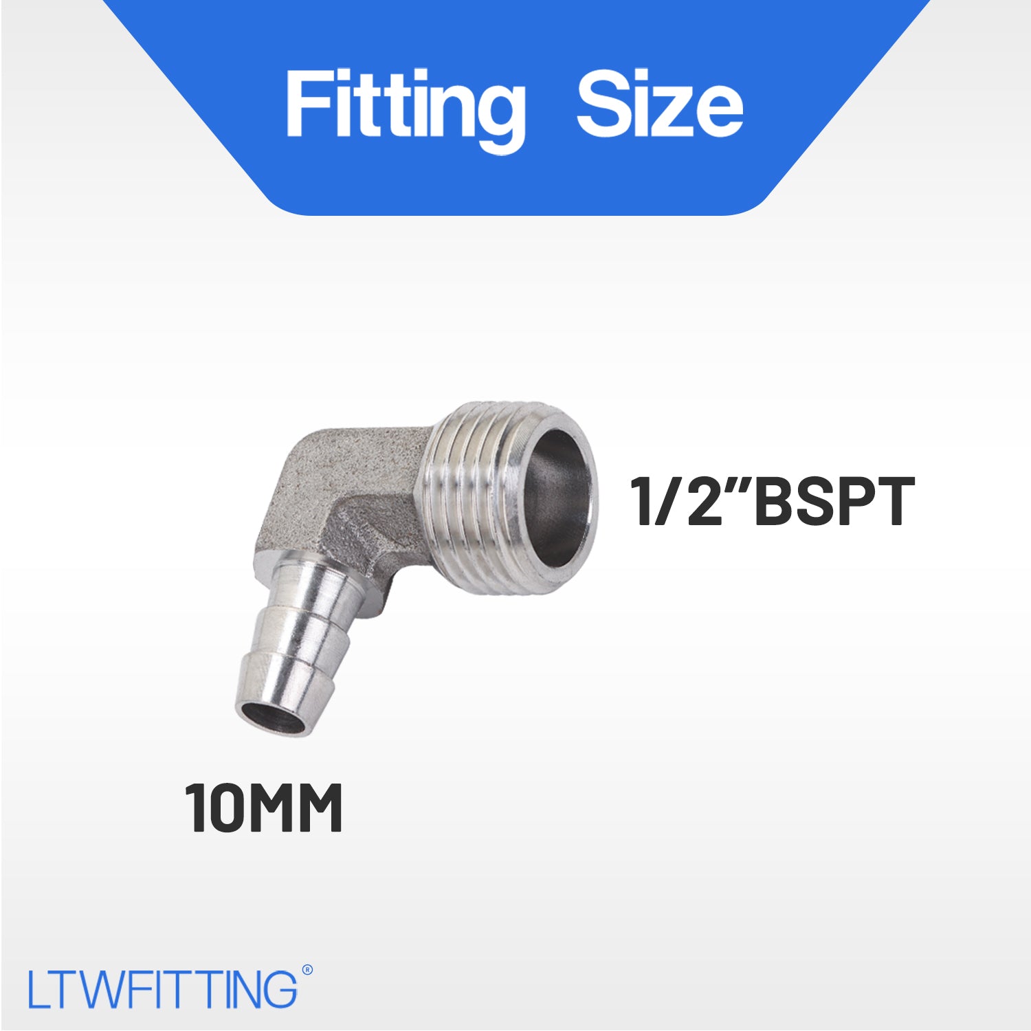 LTWFITTING 90 Deg Elbow 10MM ID Hose x 1/2-Inch Male BSPT Stainless Steel 316 Barb Fitting (Pack of 5)