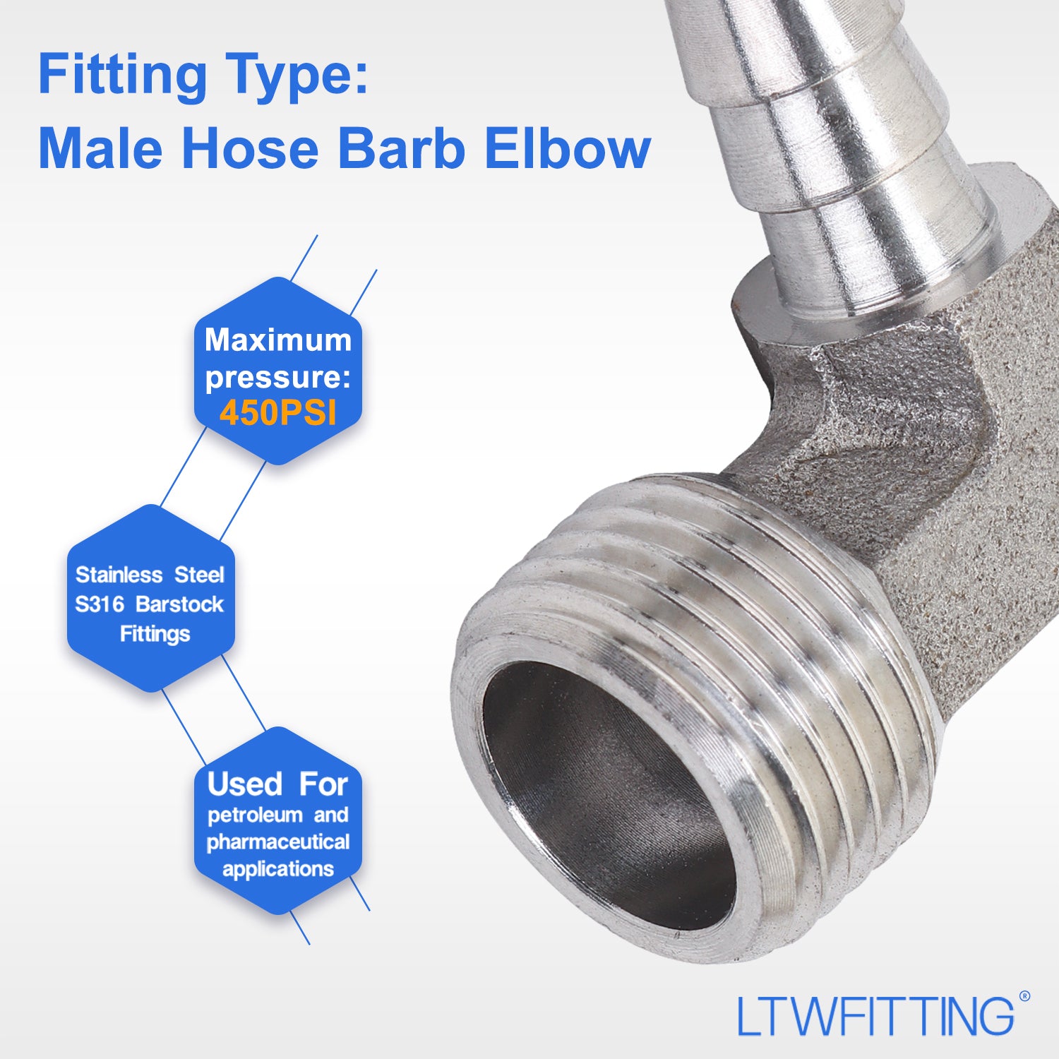 LTWFITTING 90 Deg Elbow 10MM ID Hose x 1/2-Inch Male BSPT Stainless Steel 316 Barb Fitting (Pack of 200)