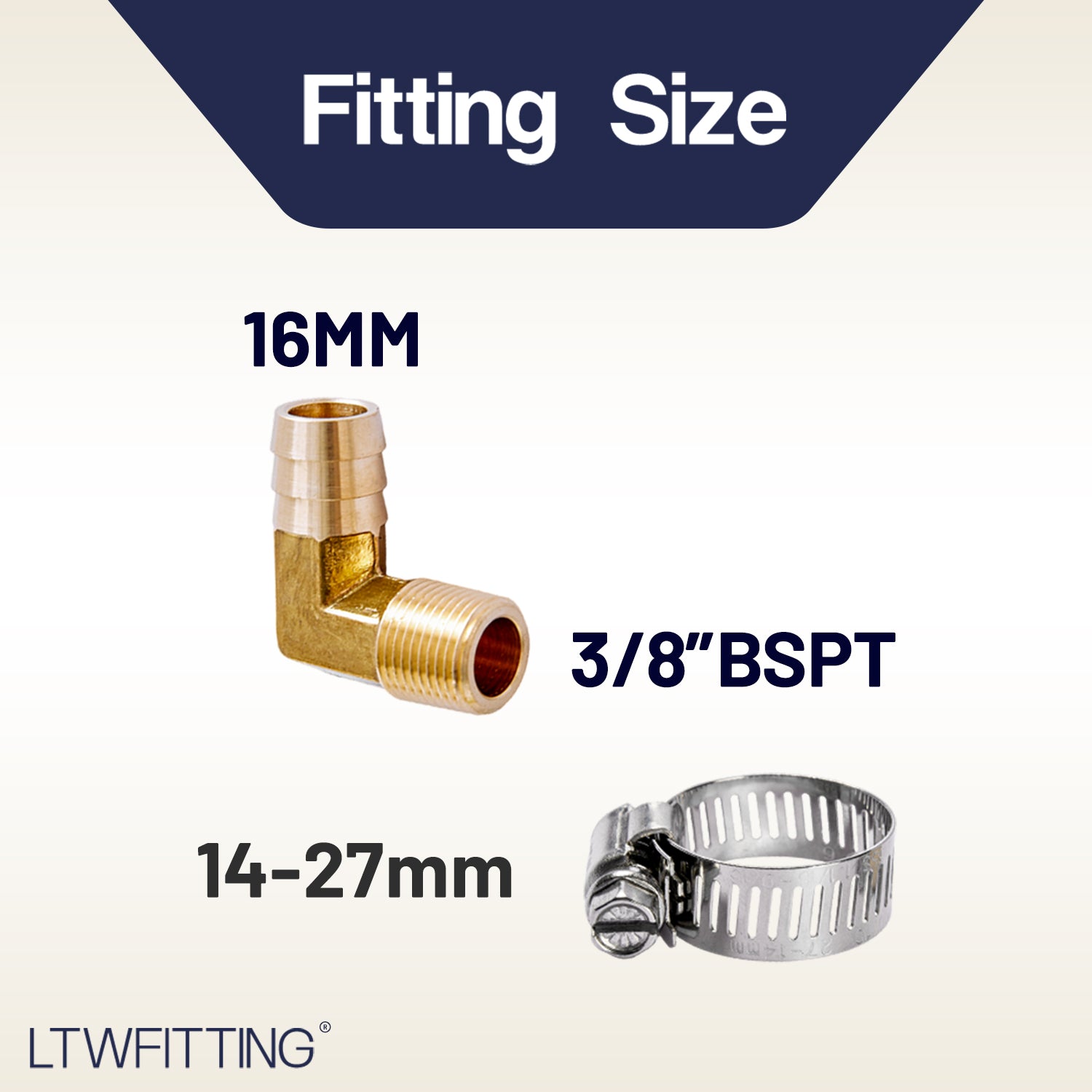 LTWFITTING 2 Sets Instant Hose Repair Kit 3/8 inch BSPT x 16mm ID Brass 90 Deg Elbow with 10-16mm SS316 Clamp