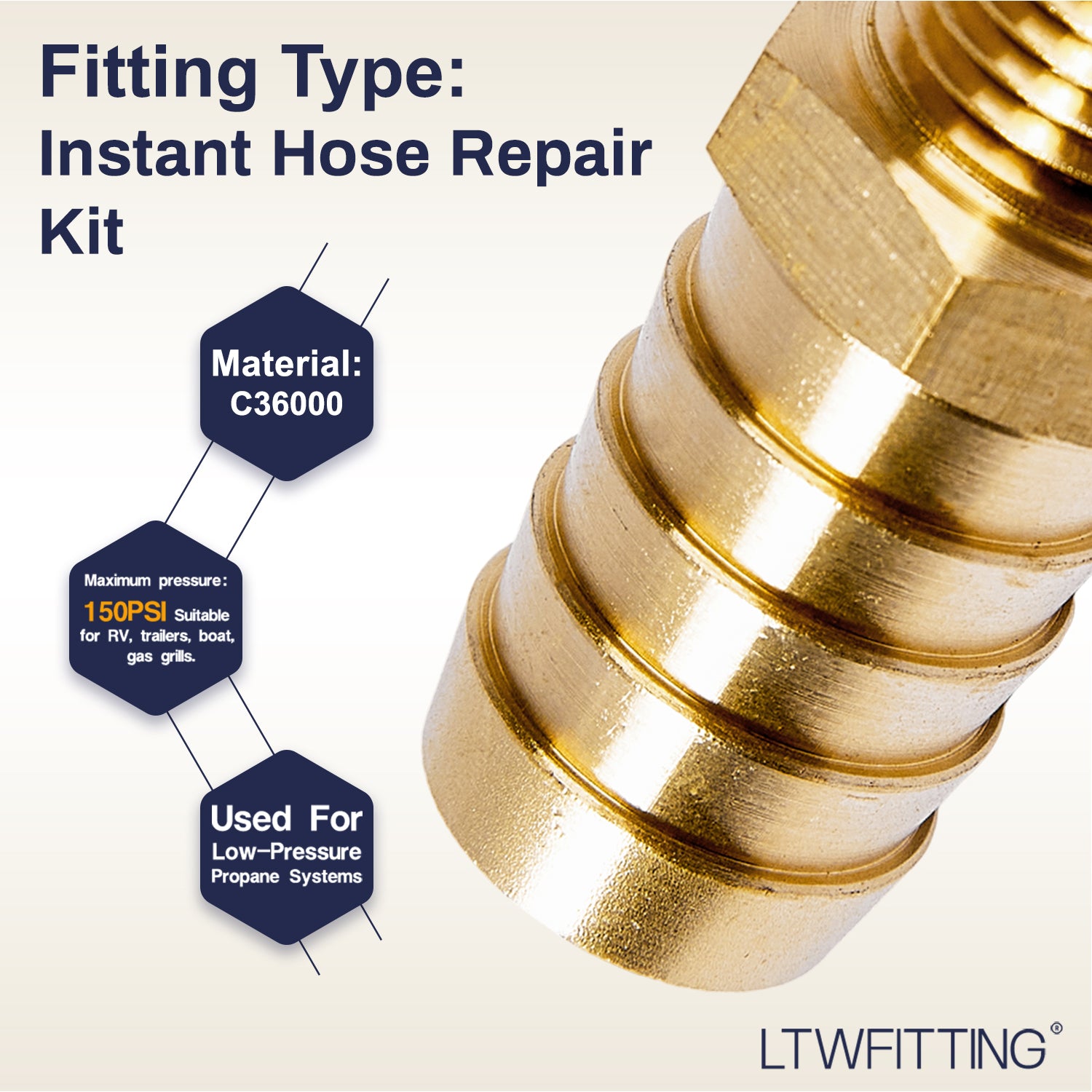 LTWFITTING 2 Sets Instant Hose Repair Kit 1/4 inch BSPT x 16mm ID Brass Coupler with 14-27mm SS316 Clamp