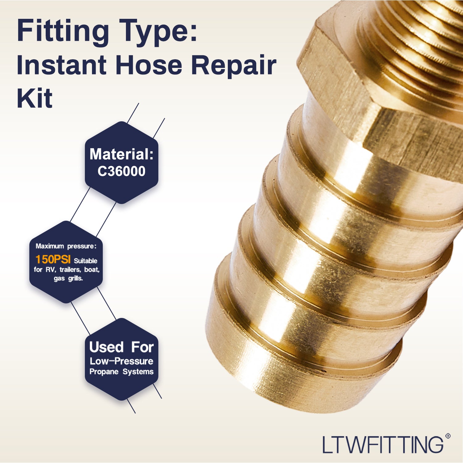 LTWFITTING 2 Sets Instant Hose Repair Kit 3/8 inch BSPT x 19mm ID Brass Coupler with 14-27mm SS316 Clamp