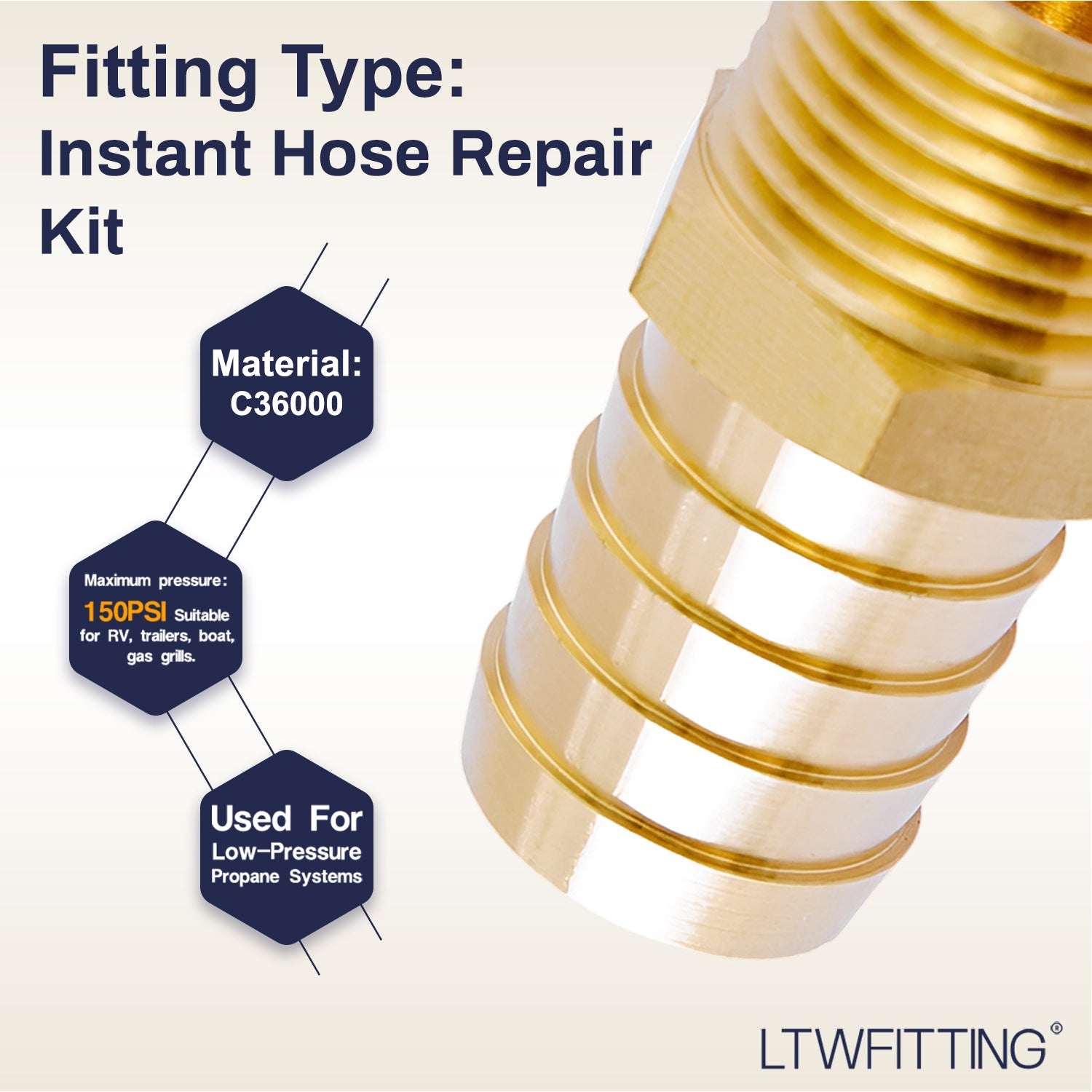 LTWFITTING 2 Sets Instant Hose Repair Kit 1/2 inch BSPT x 19mm ID Brass Coupler with 14-27mm SS316 Clamp