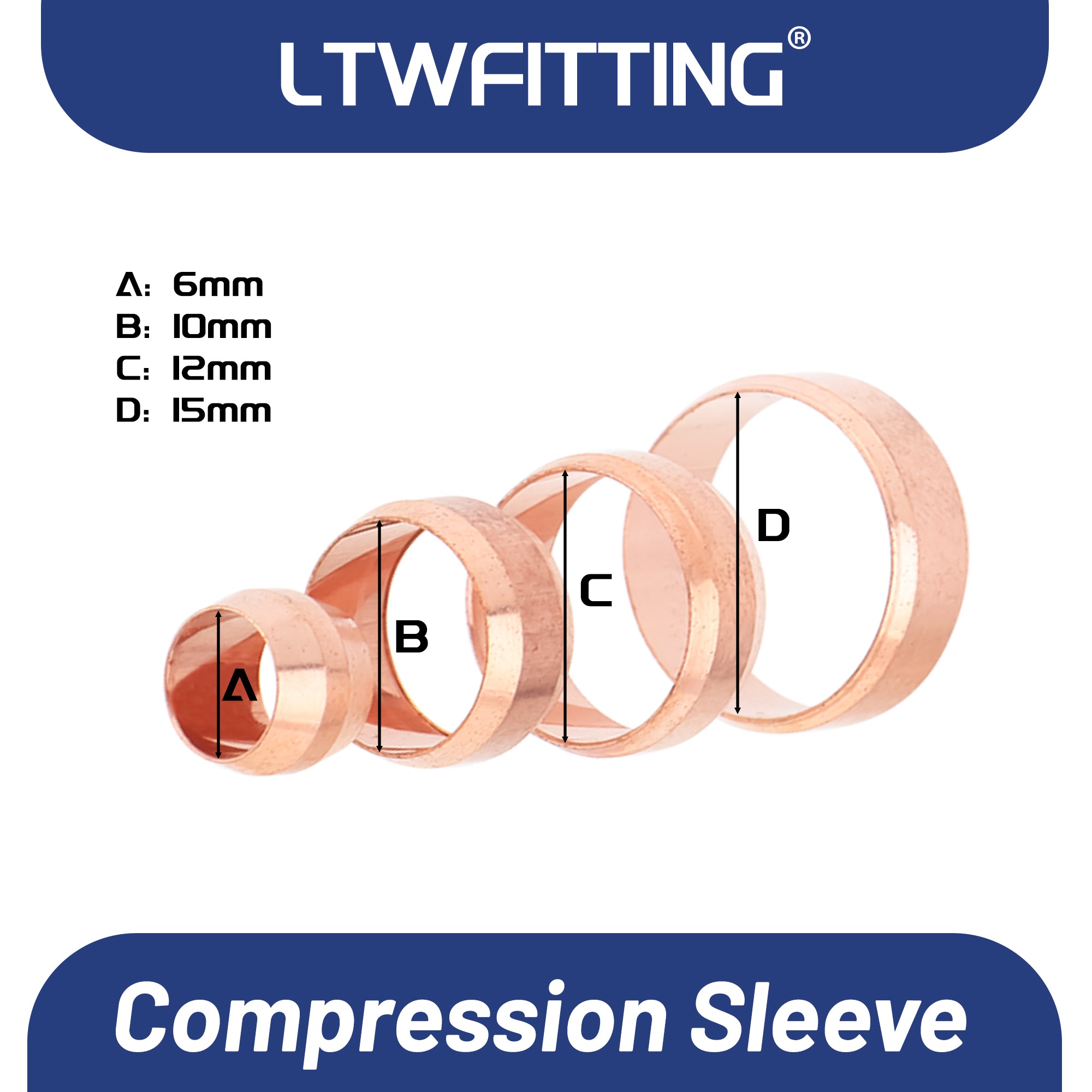 LTWFITTING Assortment Kit 6 10 12 15 MM OD Compression Sleeve Set (Pack of 200)