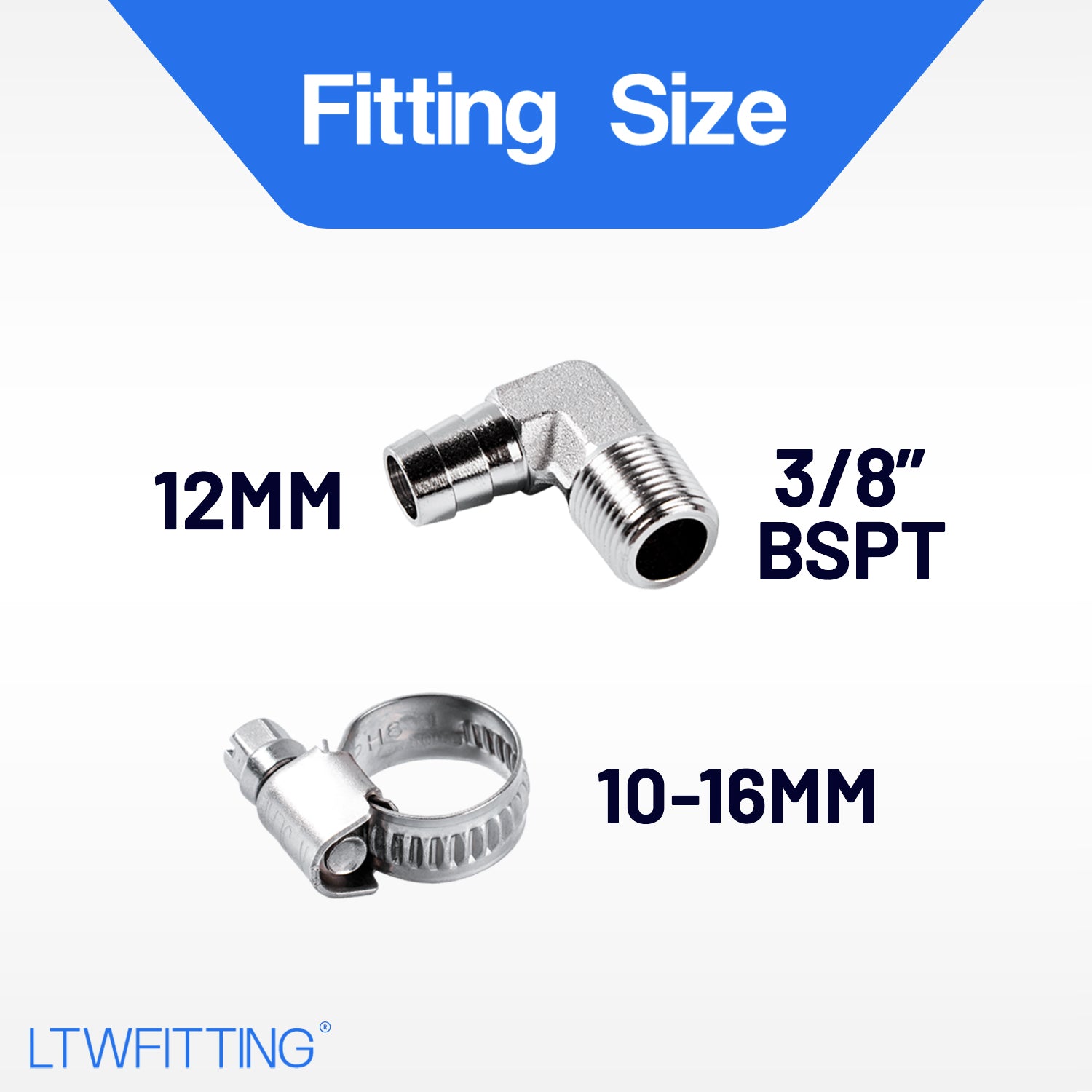 LTWFITTING 2 Sets Instant Hose Repair Kit 3/8 inch BSPT x 12mm ID SS316 90 Deg Elbow with 10-16mm SS316 Clamp