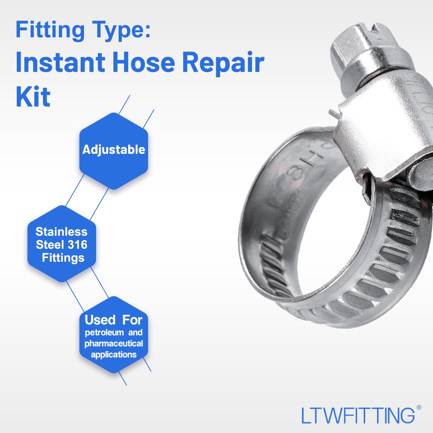 LTWFITTING 2 Sets Instant Hose Repair Kit 3/8 inch BSPT x 12mm ID SS316 90 Deg Elbow with 10-16mm SS316 Clamp