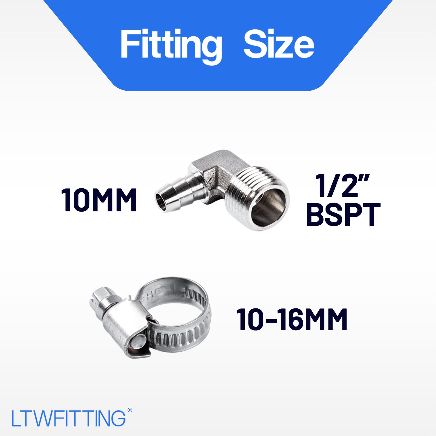 LTWFITTING 2 Sets Instant Hose Repair Kit 1/2 inch BSPT x 10mm ID SS316 90 Deg Elbow with 10-16mm SS316 Clamp