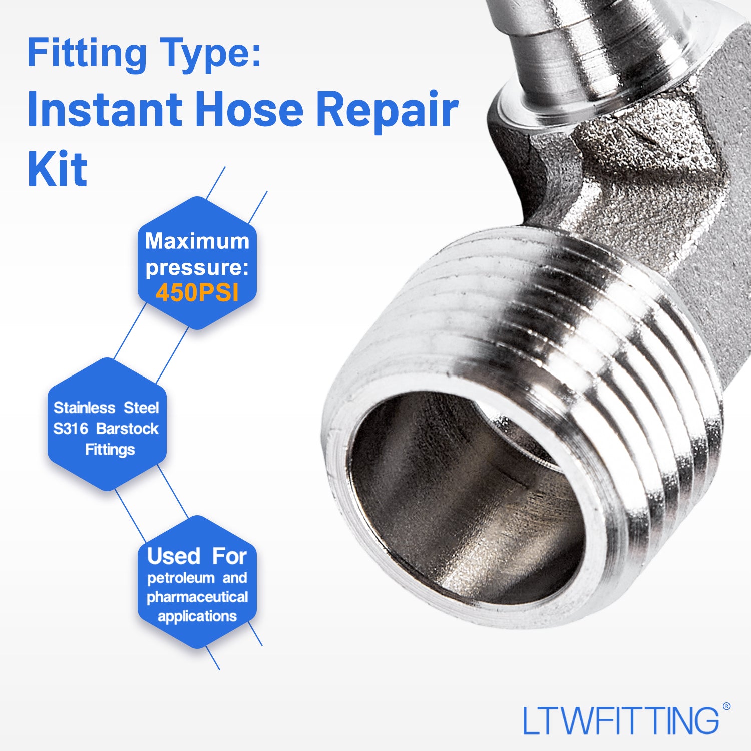 LTWFITTING 2 Sets Instant Hose Repair Kit 1/2 inch BSPT x 10mm ID SS316 90 Deg Elbow with 10-16mm SS316 Clamp