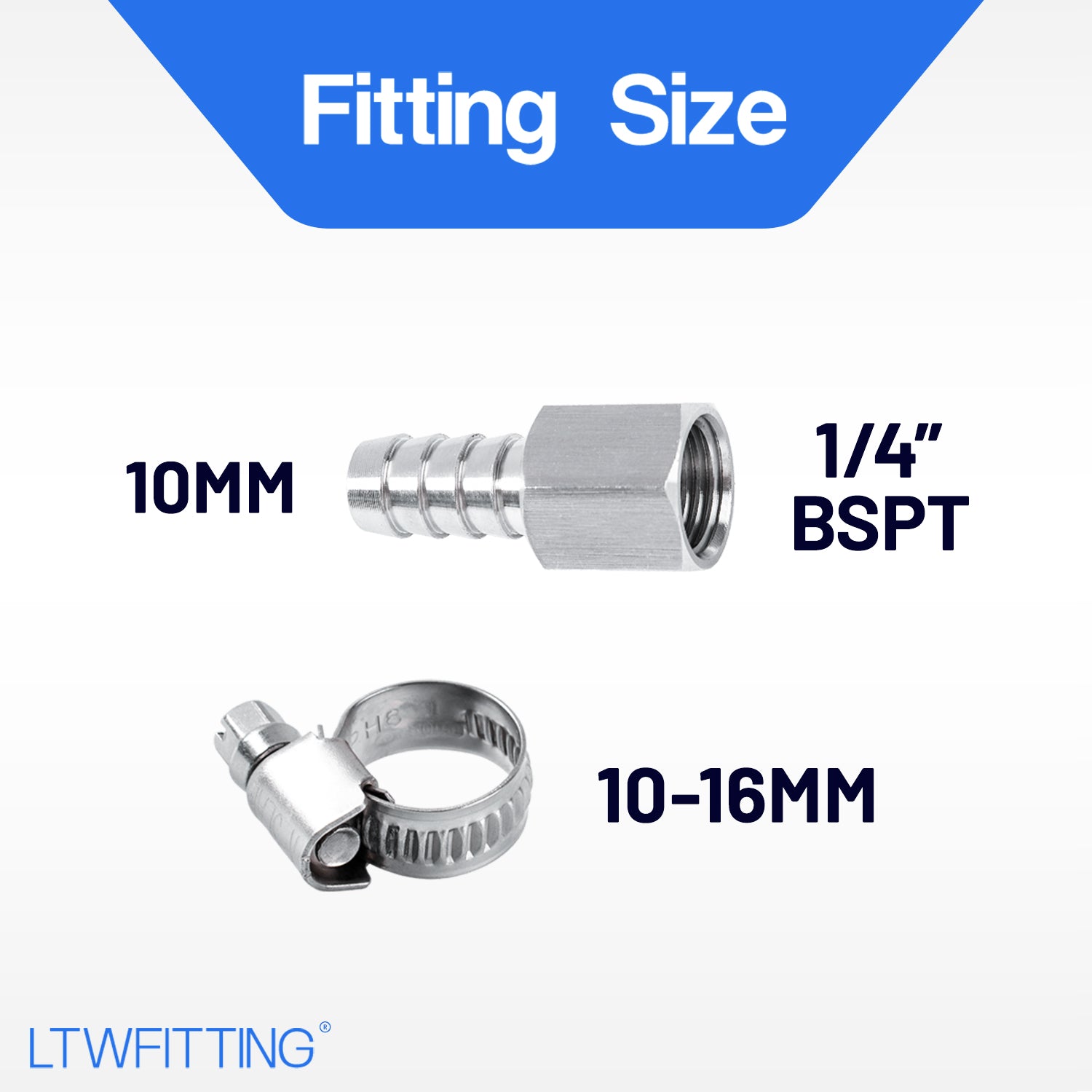 LTWFITTING 2 Sets Instant Hose Repair Kit 1/4'BSP x 10mm ID SS316 Coupler with 10-16mm SS316 Clamp