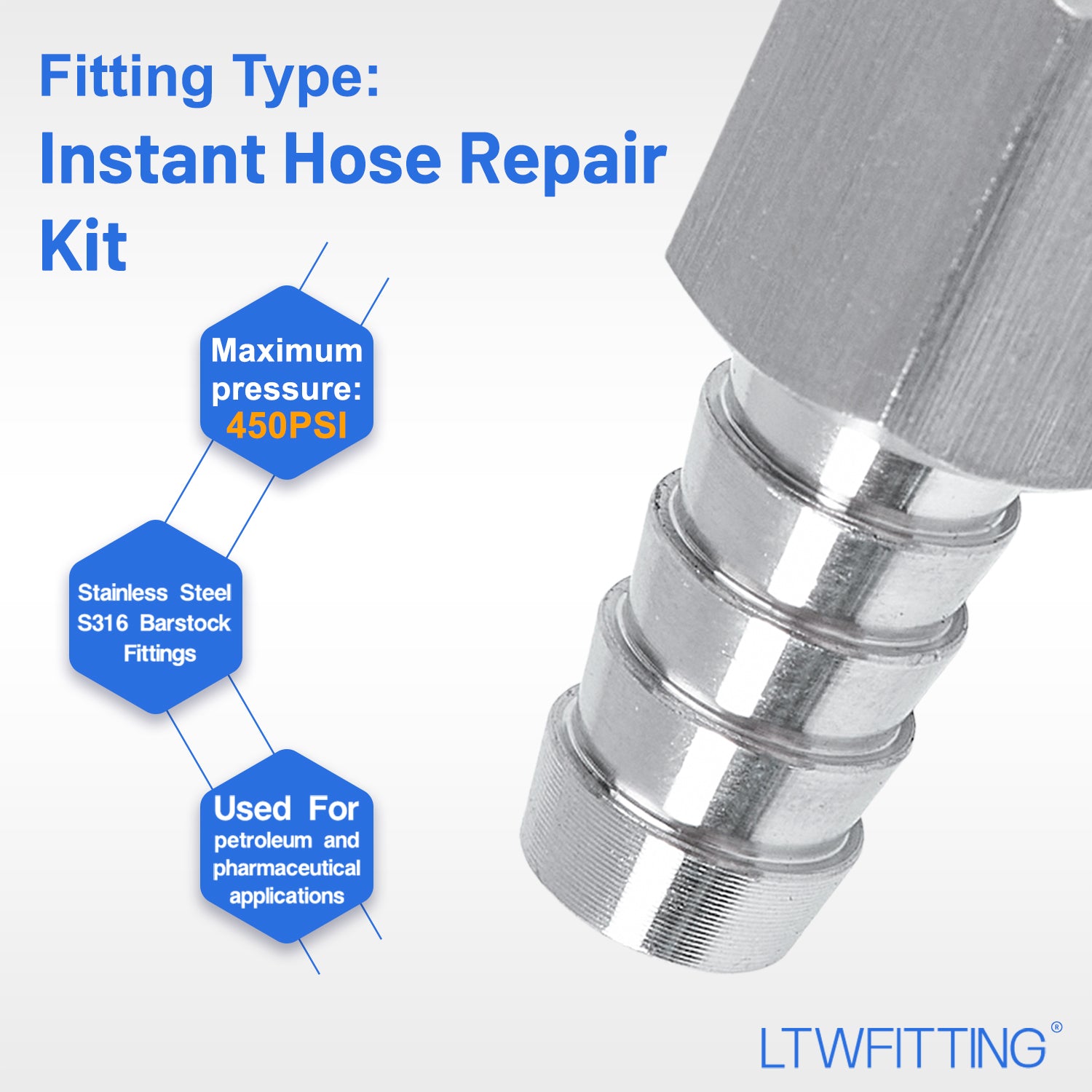 LTWFITTING 2 Sets Instant Hose Repair Kit 1/4'BSP x 10mm ID SS316 Coupler with 10-16mm SS316 Clamp