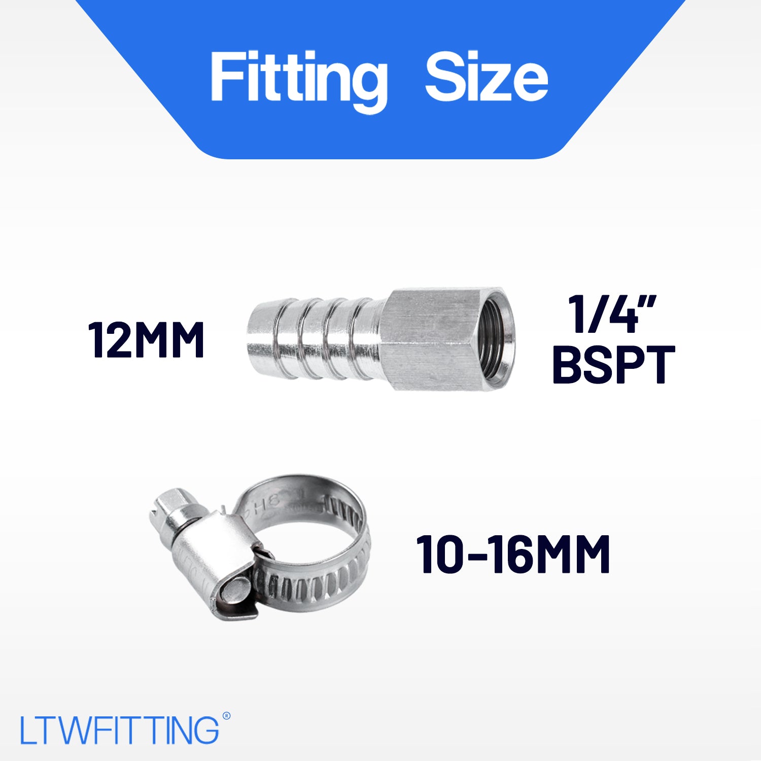 LTWFITTING 2 Sets Instant Hose Repair Kit 1/4'BSP x 12mm ID SS316 Coupler with 10-16mm SS316 Clamp