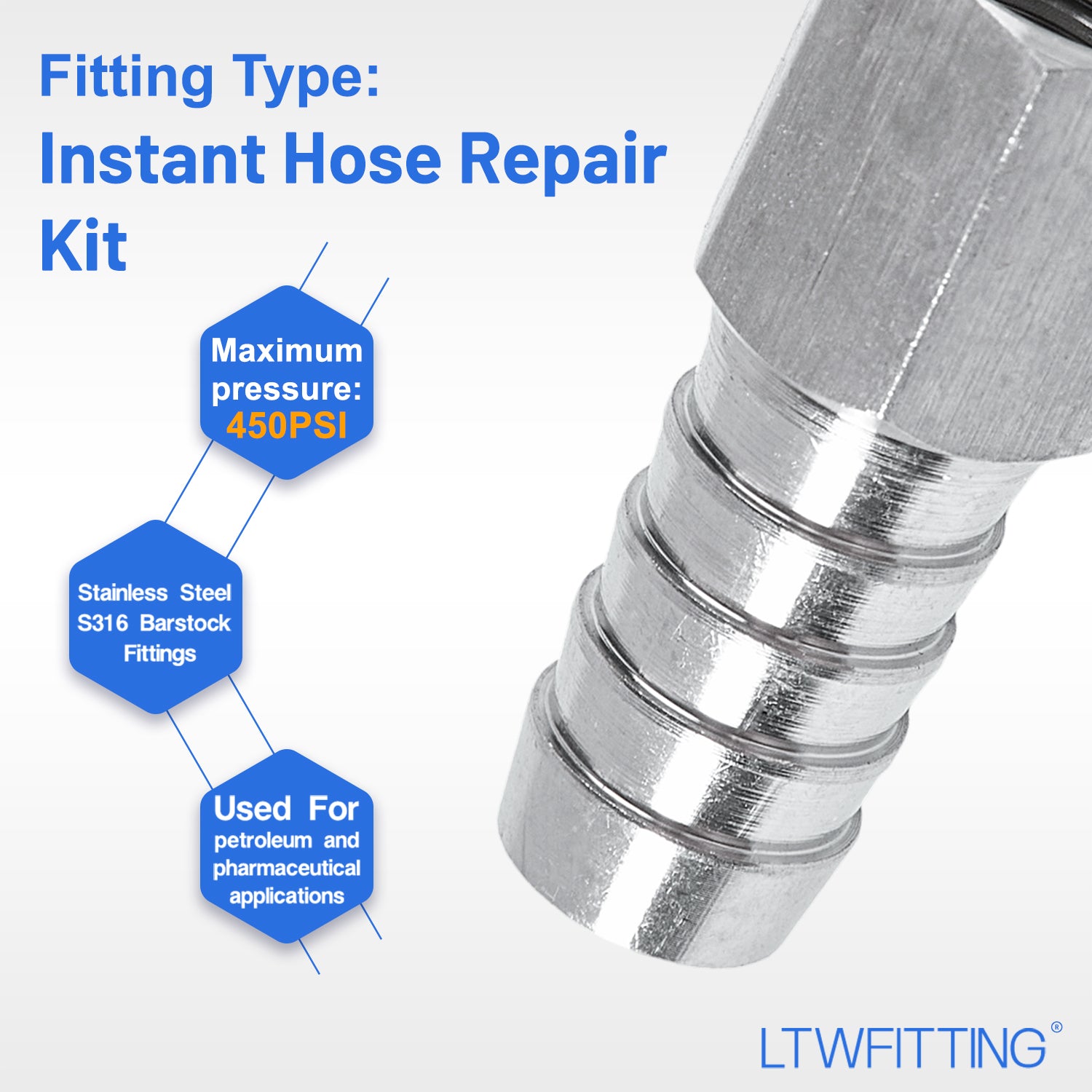 LTWFITTING 2 Sets Instant Hose Repair Kit 1/4'BSP x 12mm ID SS316 Coupler with 10-16mm SS316 Clamp