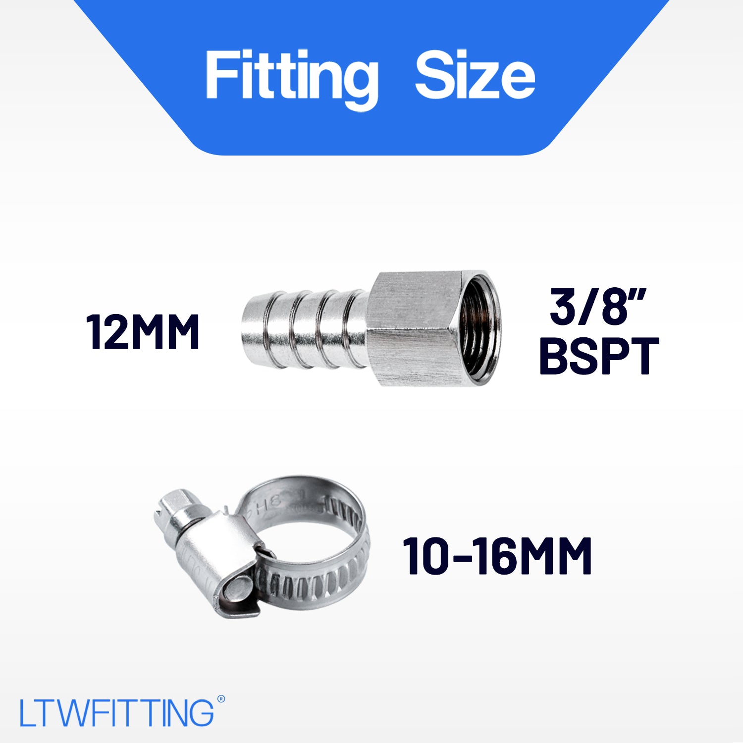 LTWFITTING 2 Sets Instant Hose Repair Kit 3/8'BSP x 12mm ID SS316 Coupler with 10-16mm SS316 Clamp