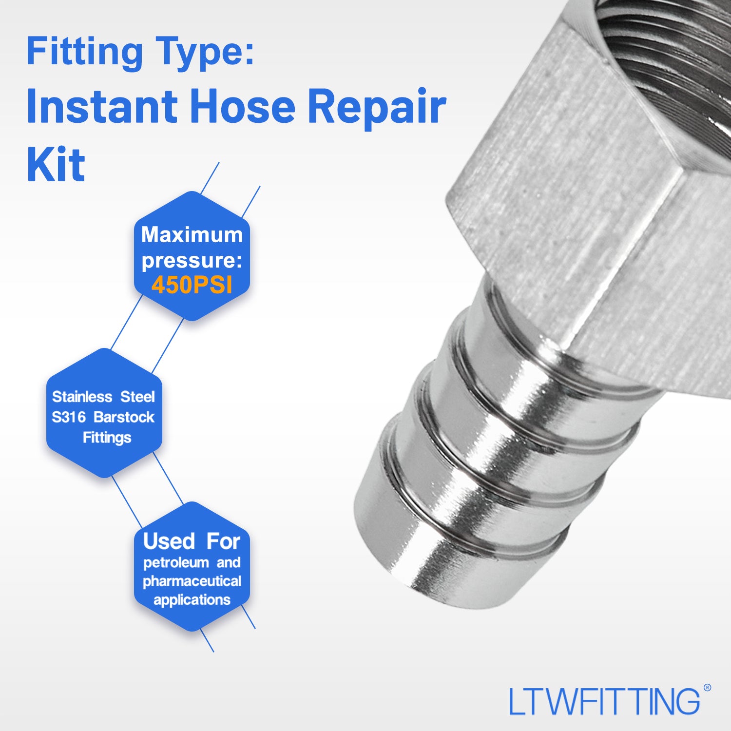 LTWFITTING 2 Sets Instant Hose Repair Kit 1/2'BSP x 12mm ID SS316 Coupler with 10-16mm SS316 Clamp