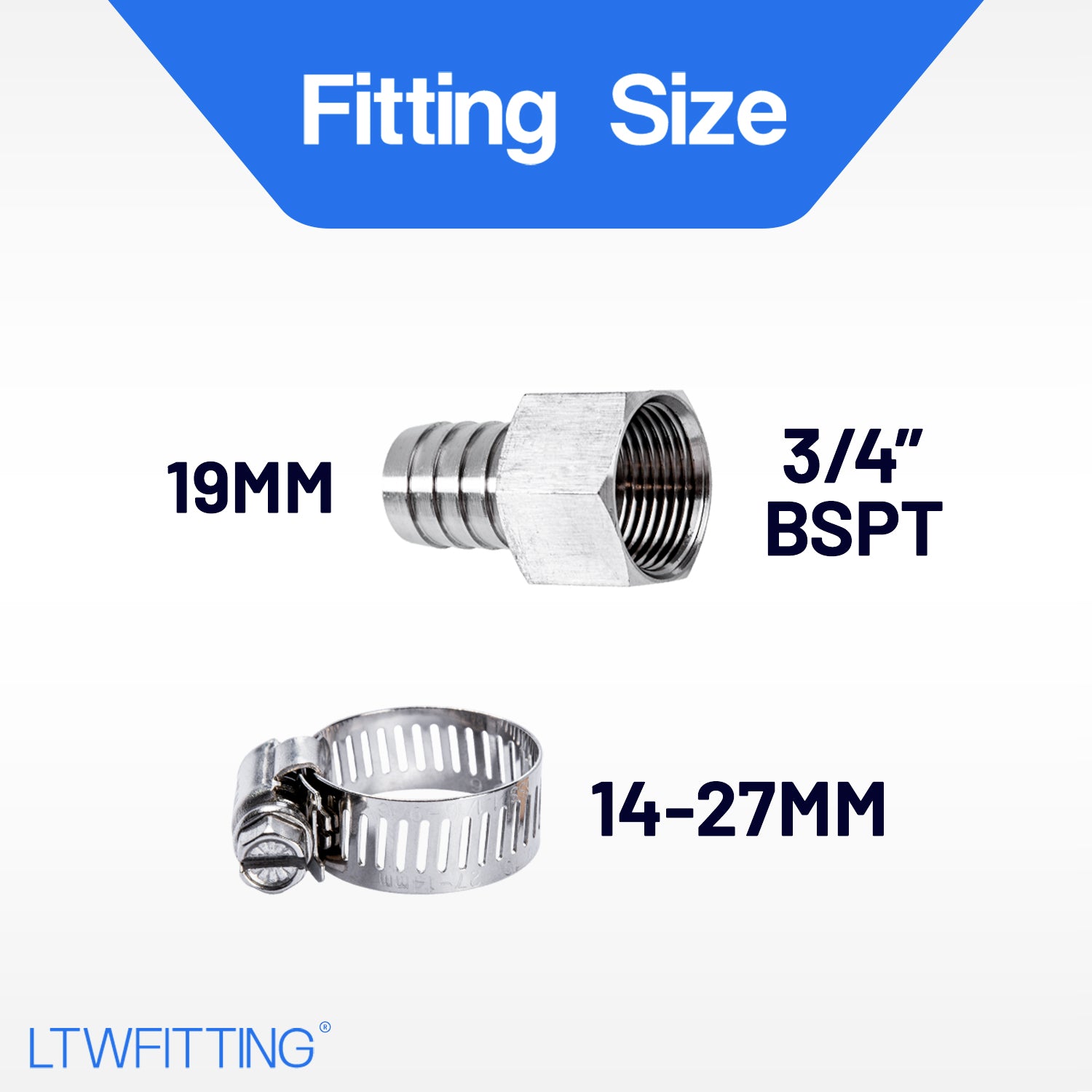 LTWFITTING 2 Sets Instant Hose Repair Kit 3/4'BSP x 19mm ID SS316 Coupler with 14-27mm SS316 Clamp