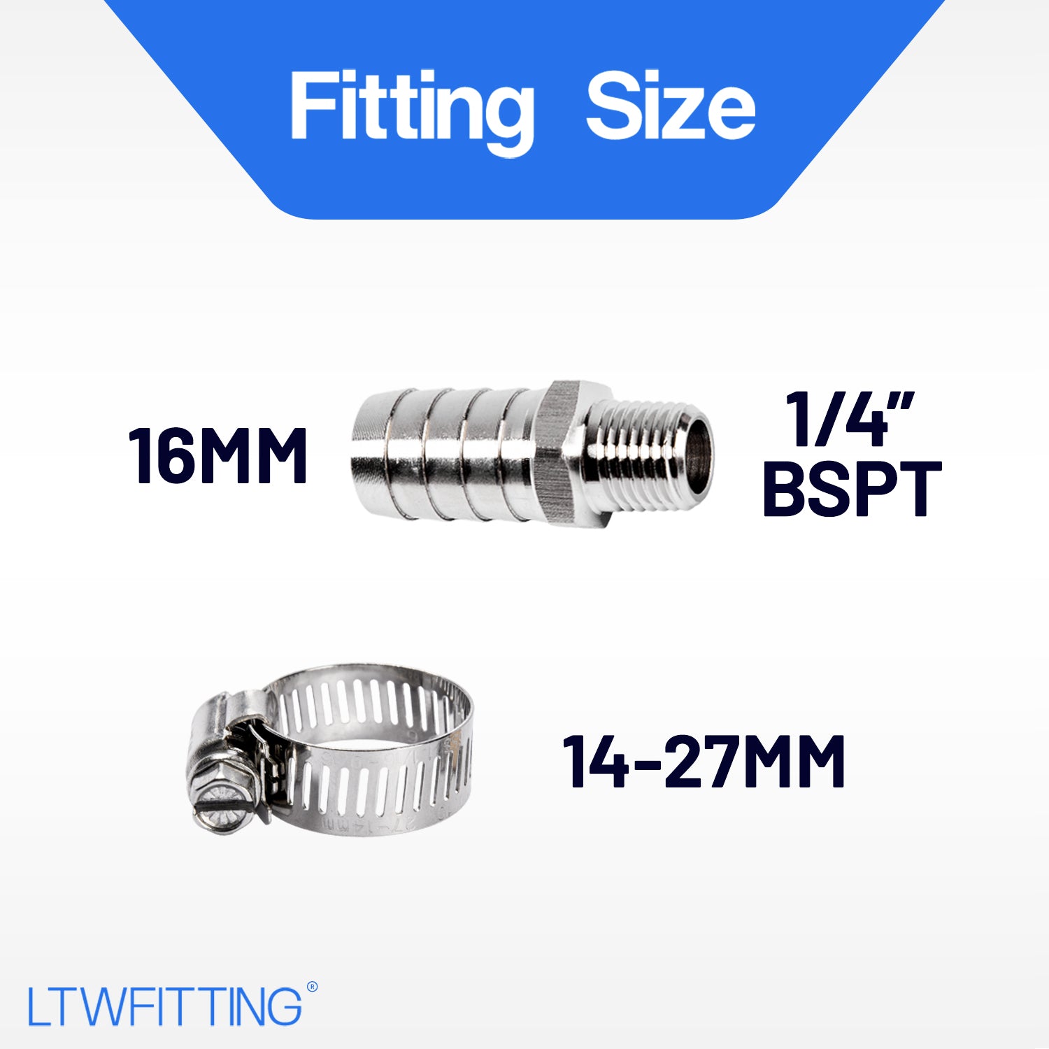 LTWFITTING 2 Sets Instant Hose Repair Kit 1/4 inch BSPT x 16mm ID SS316 Coupler with 14-27mm SS316 Clamp